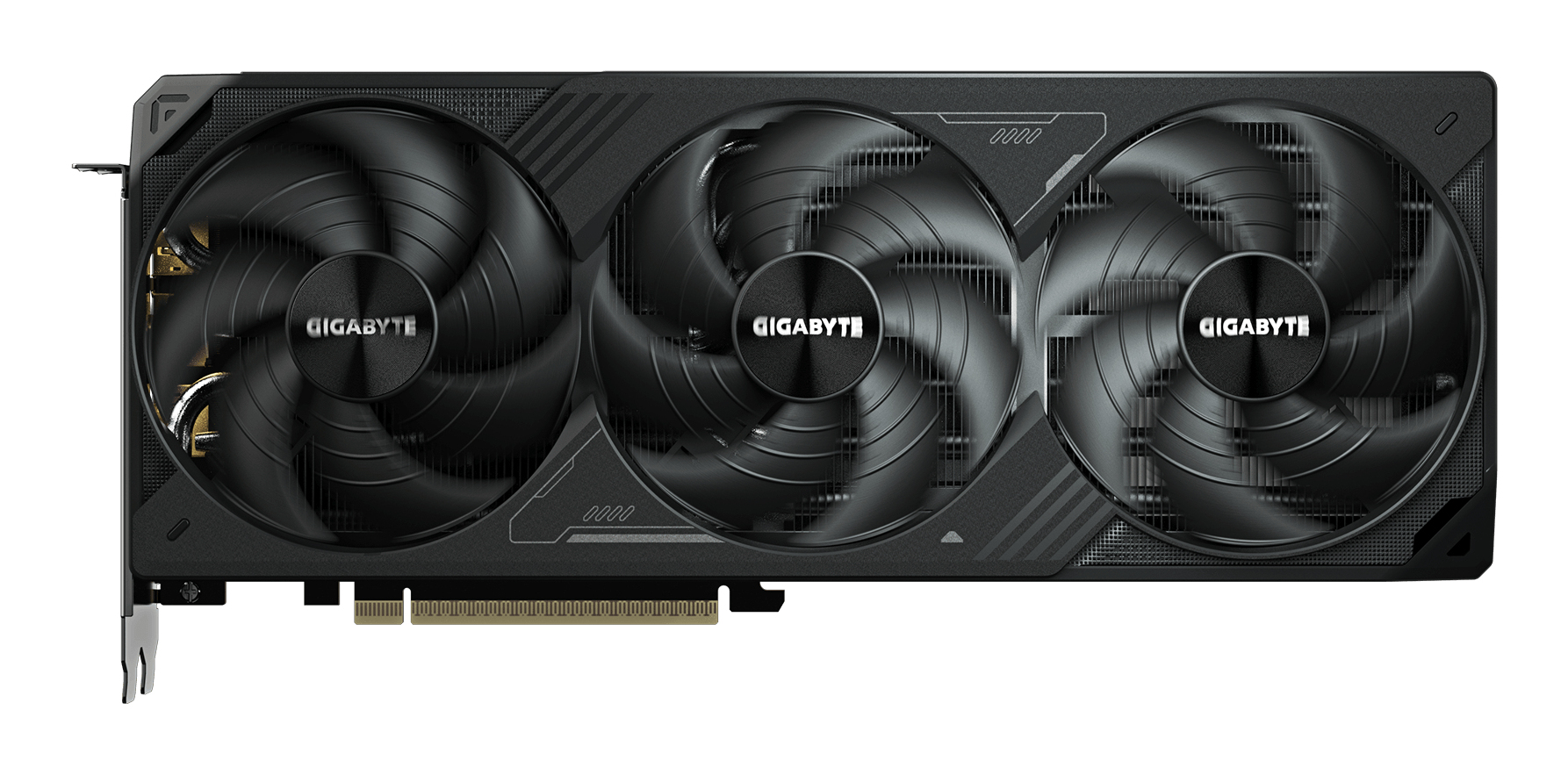Schwarze Gigabyte-Grafikkarte mit drei Lüftern und goldener PCIe-Schnittstelle.