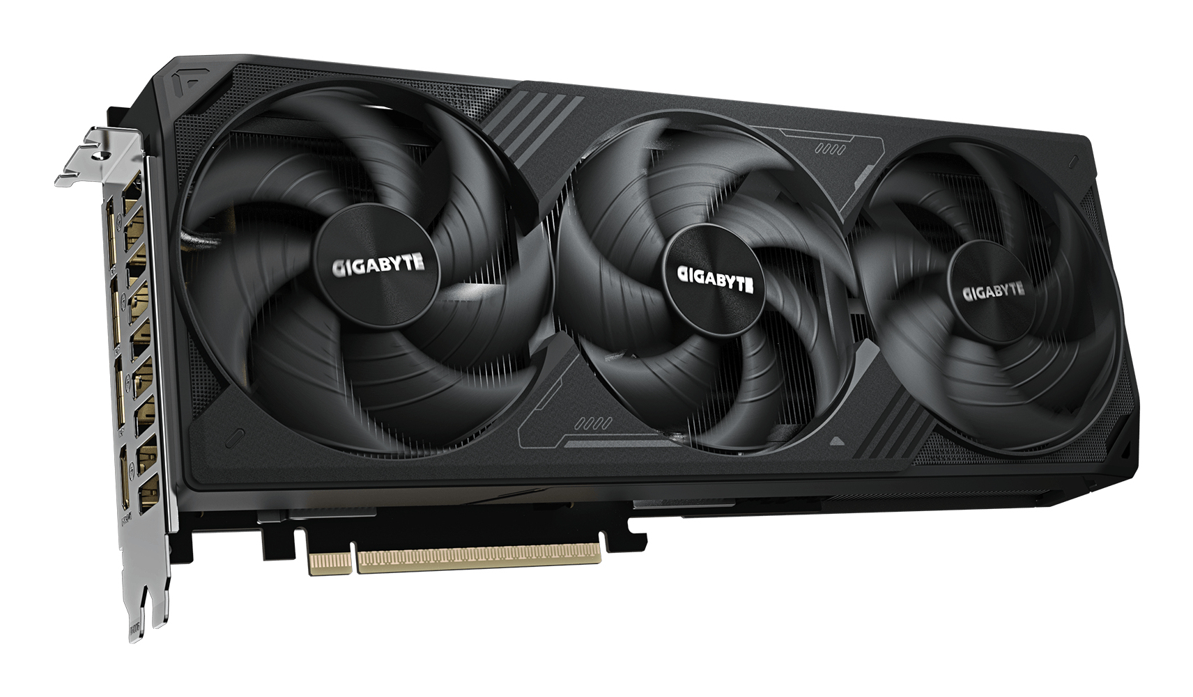 Eine schwarze Gigabyte-Grafikkarte mit drei großen Lüftern auf weißem Hintergrund.