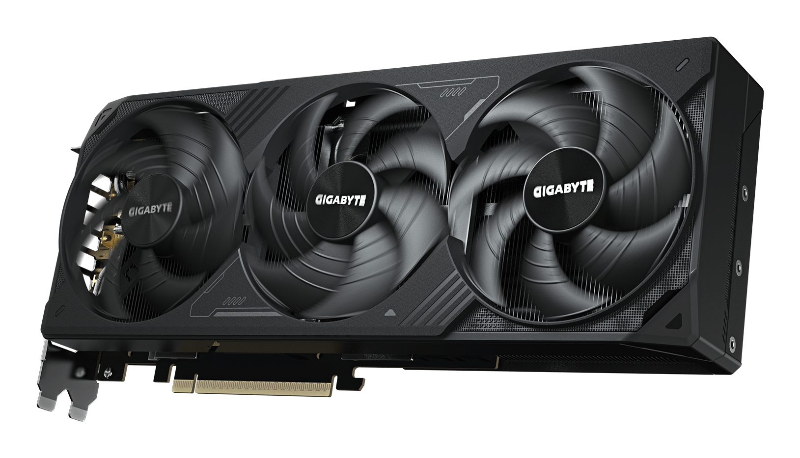 Eine schwarze Gigabyte-Grafikkarte mit drei Lüftern, auf einem hellen Hintergrund.