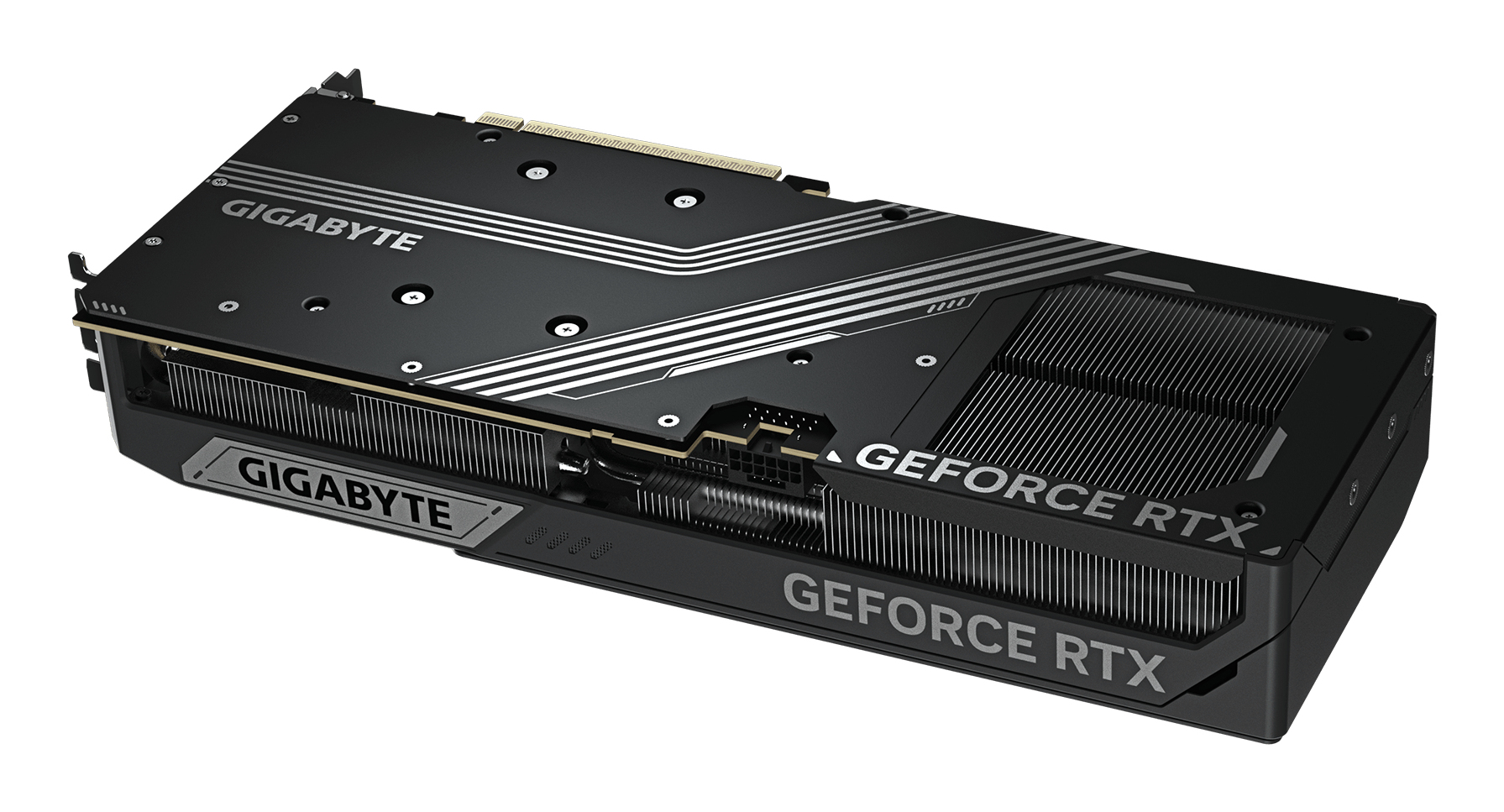 Schwarze Gigabyte GeForce RTX Grafikkarte mit silbernen Akzenten und Kühlrippen auf weißem Hintergrund.