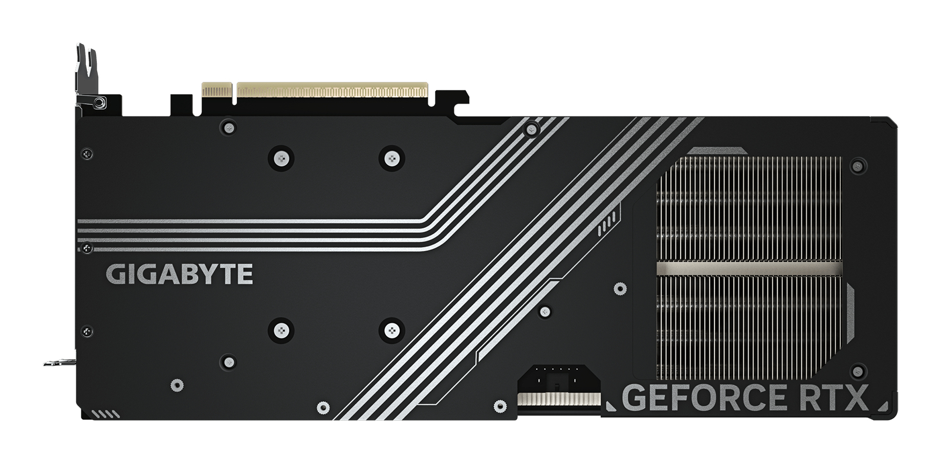 Schwarze Gigabyte GeForce RTX Grafikkarte mit silbernen Streifen und Kühlrippen auf weißem Hintergrund.