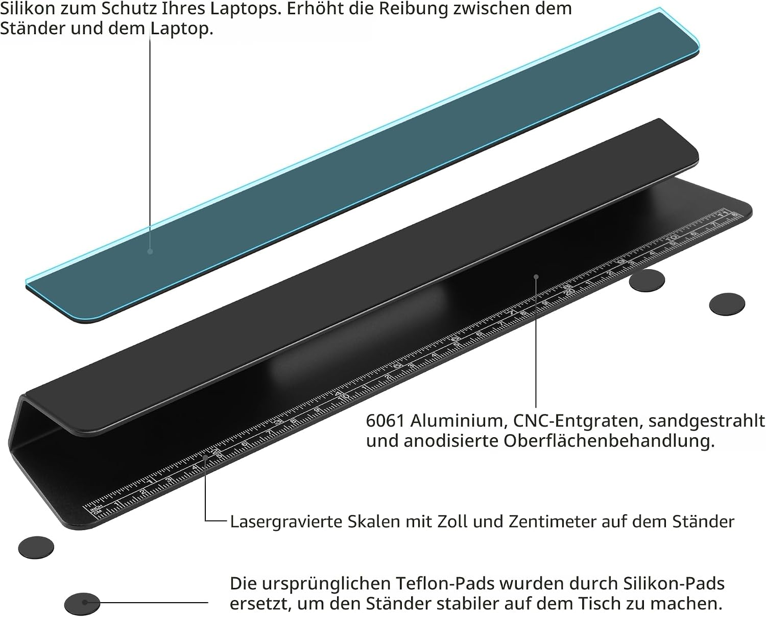 Diagramm eines Aluminium-Laptopständers mit Laser-Skala und Schutzpads auf weißem Hintergrund.