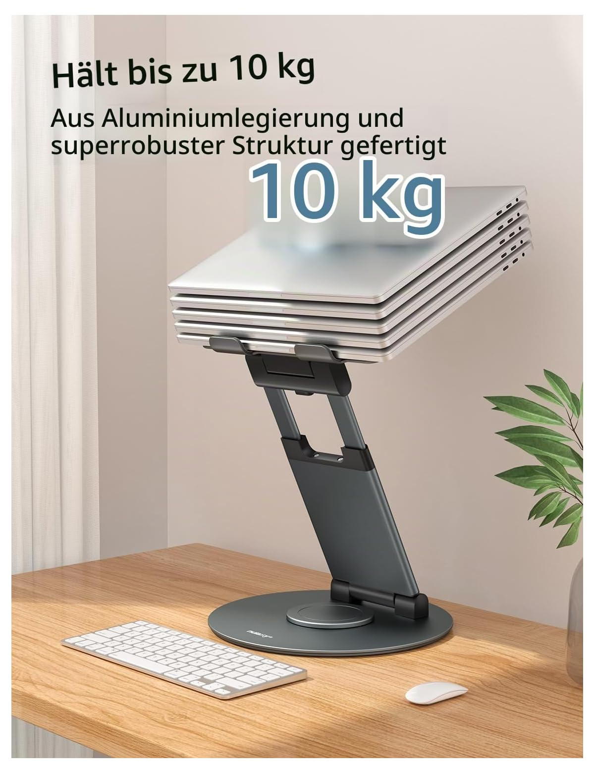 Stabiler, grauer Laptopständer auf einem Holztisch, trägt bis zu 10 kg mit mehreren Laptops.