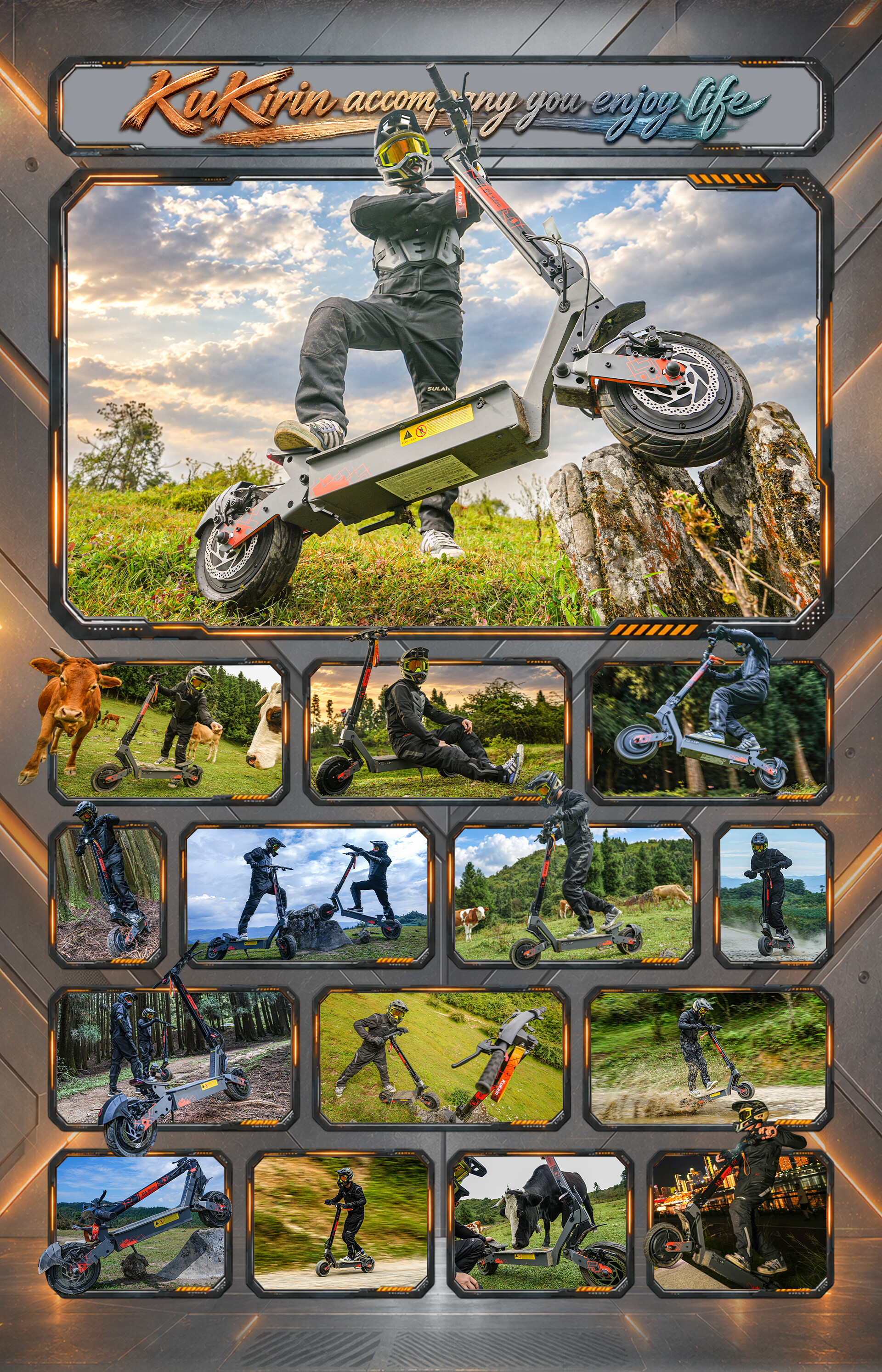 Eine Collage zeigt eine Person in Schutzkleidung auf einem E-Scooter in verschiedenen Landschaften.