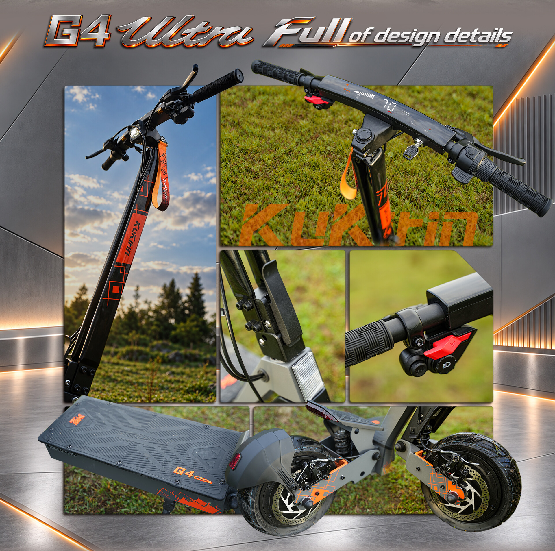 Verschiedene Nahaufnahmen eines KuKirin G4 Ultra E-Scooters zeigen Display, Lenker, Klappmechanismus und Räder.