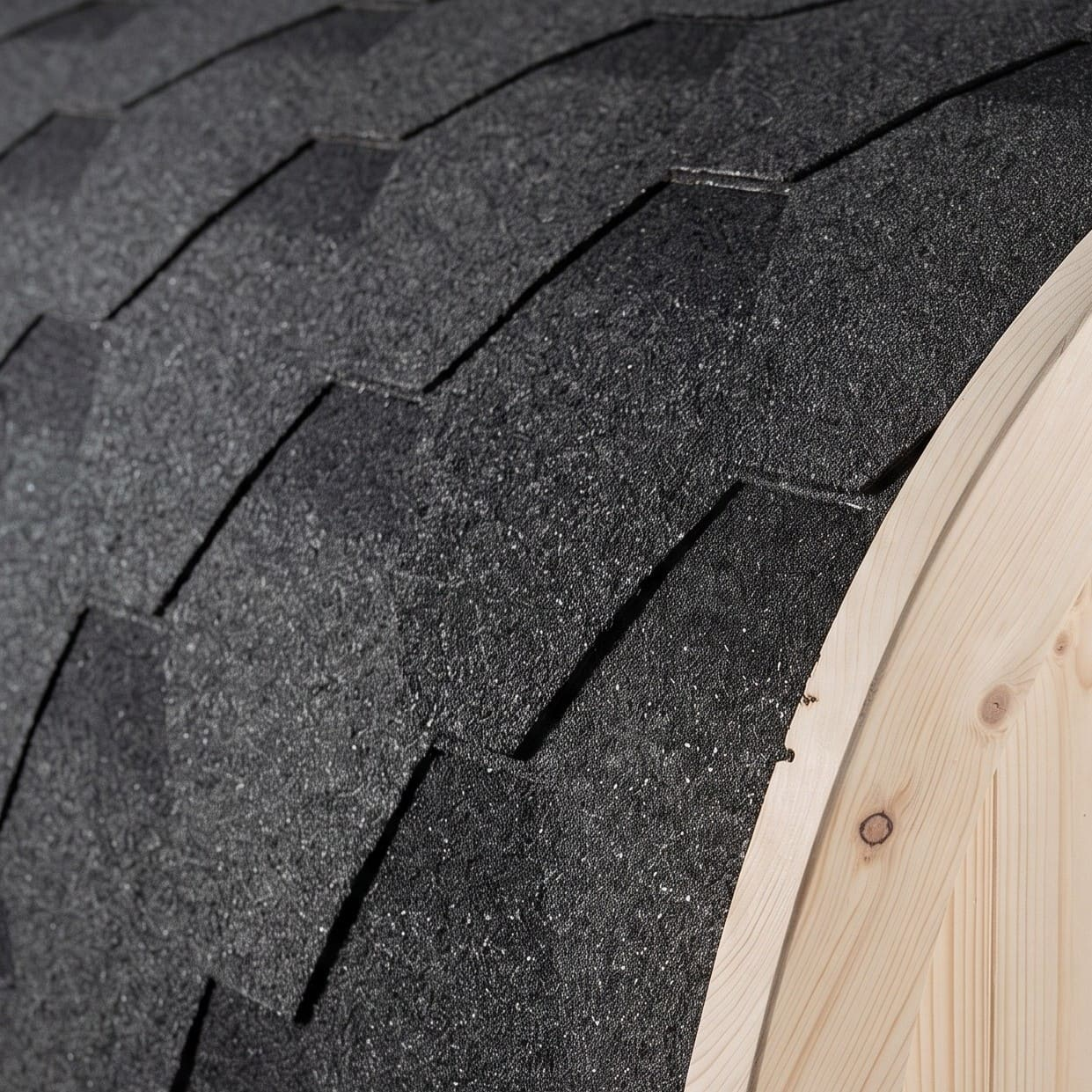 Tejas negras cubren una superficie curva junto a una estructura de madera clara.