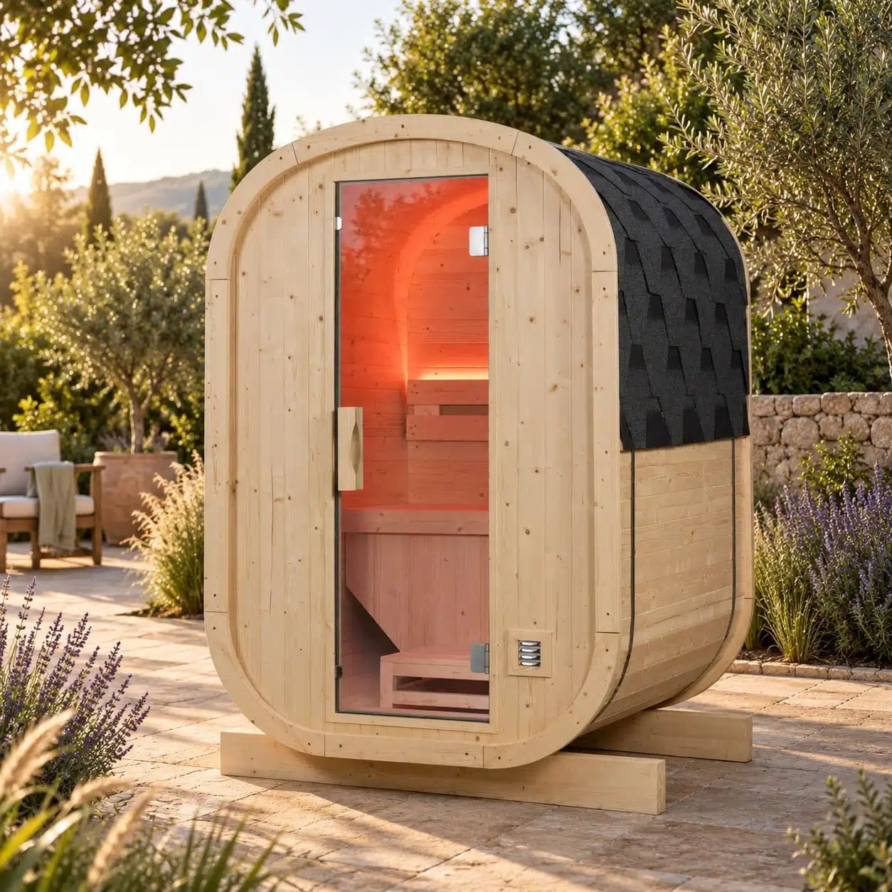 Una sauna de barril de madera se encuentra en una soleada terraza de piedra en un jardín.