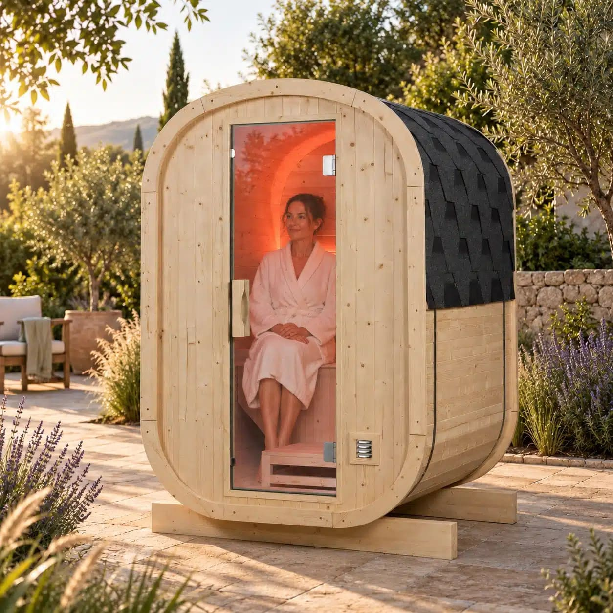 Una mujer en bata blanca se sienta relajada dentro de una sauna de barril de madera en un jardín.