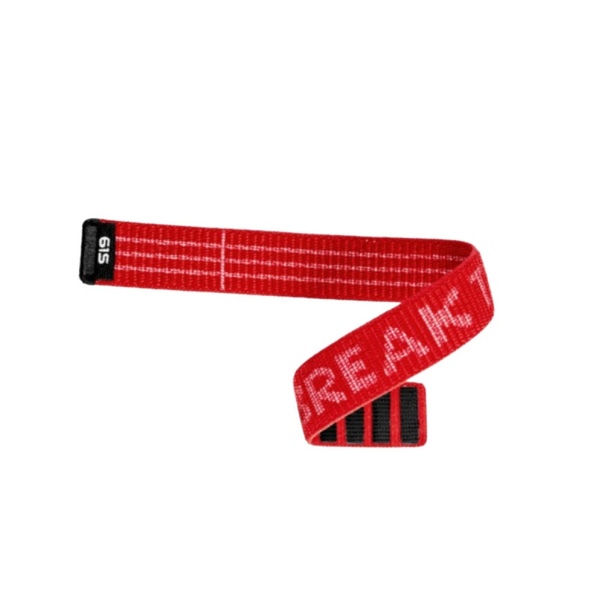 Ein rotes Stoffband mit der Aufschrift 'BREAK' und schwarzen Elementen auf weißem Hintergrund.