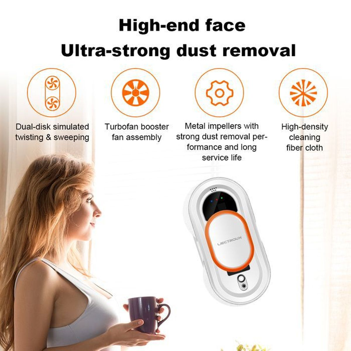Werbebild für einen Roboter-Fensterputzer mit Diagrammen und einer Frau mit Tasse.