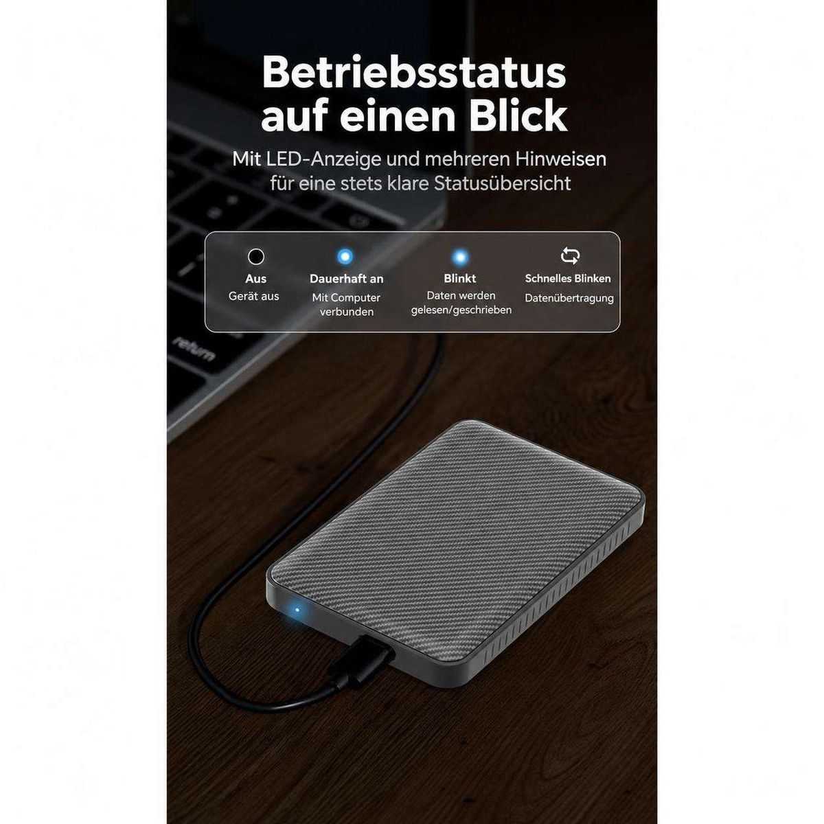 LED-Statusanzeige einer externen Festplatte mit Erklärungen für verschiedene Blinkmodi.