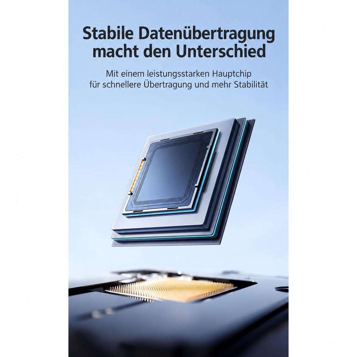Ein Computerchip schwebt über seinem Sockel mit deutschem Text oben.