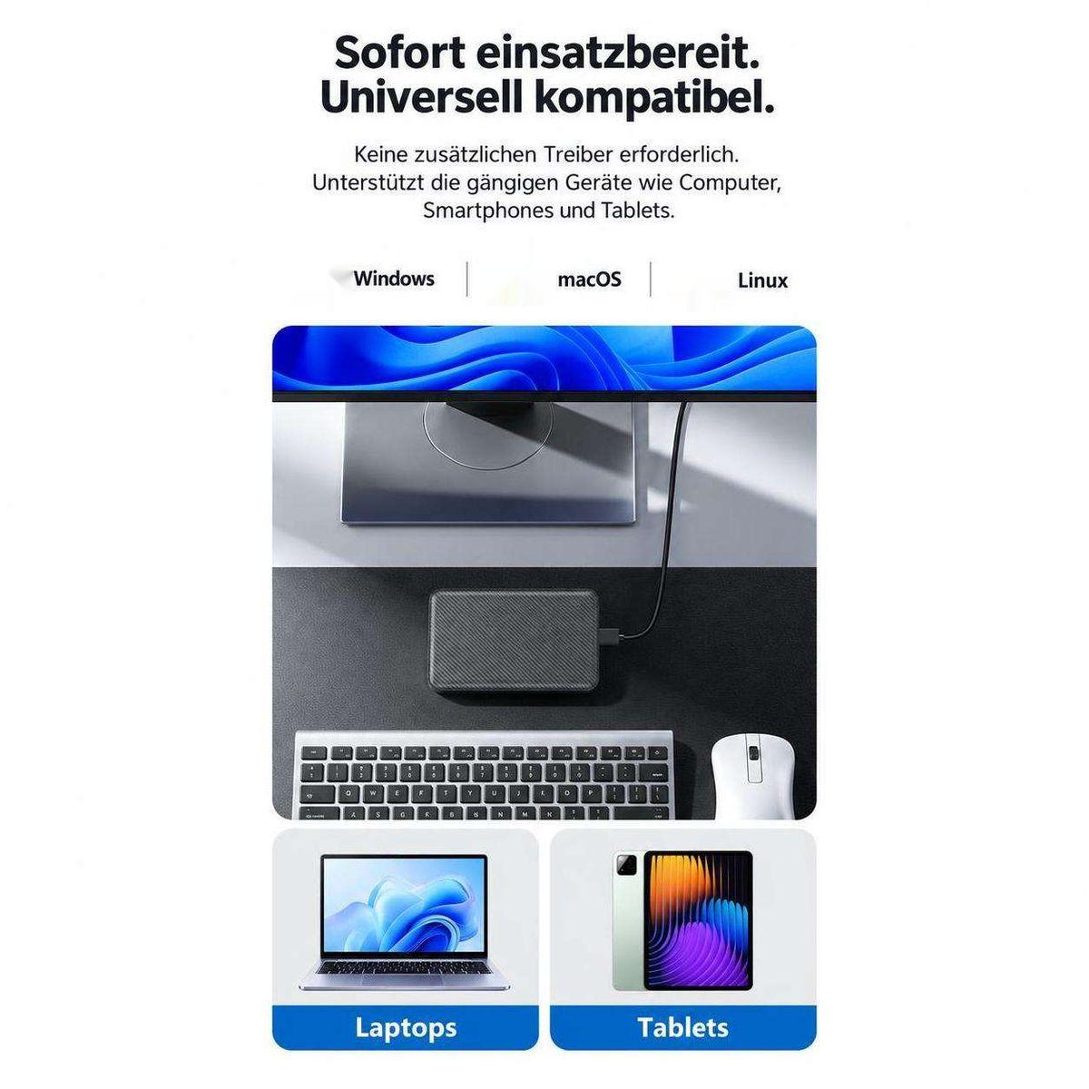 Produktwerbung zeigt Kompatibilität mit Windows, macOS, Linux, Laptops und Tablets ohne Treiber.