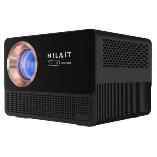 Un proiettore nero Nilait con lente oro rosa e luce blu brillante su sfondo bianco.