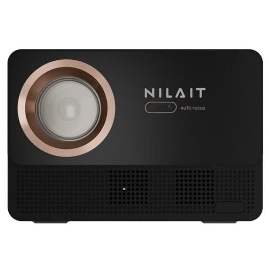Un proiettore Nilait nero con anello dell'obiettivo in oro rosa, sensore autofocus e griglia dell'altoparlante.