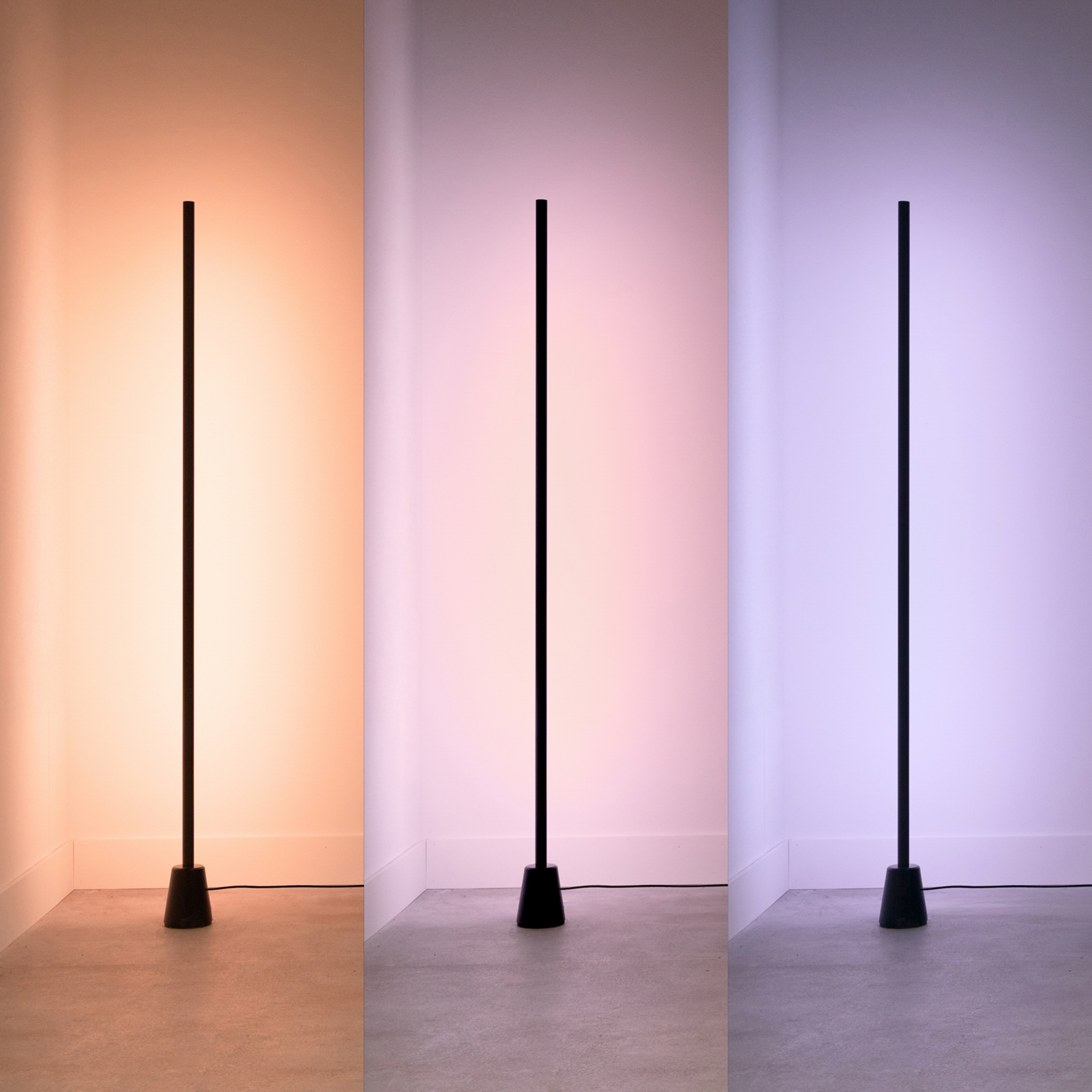 Üç görünümde sade bir duvara sıcak, pembe ve mavi ışık yayan uzun, minimalist siyah lambader.