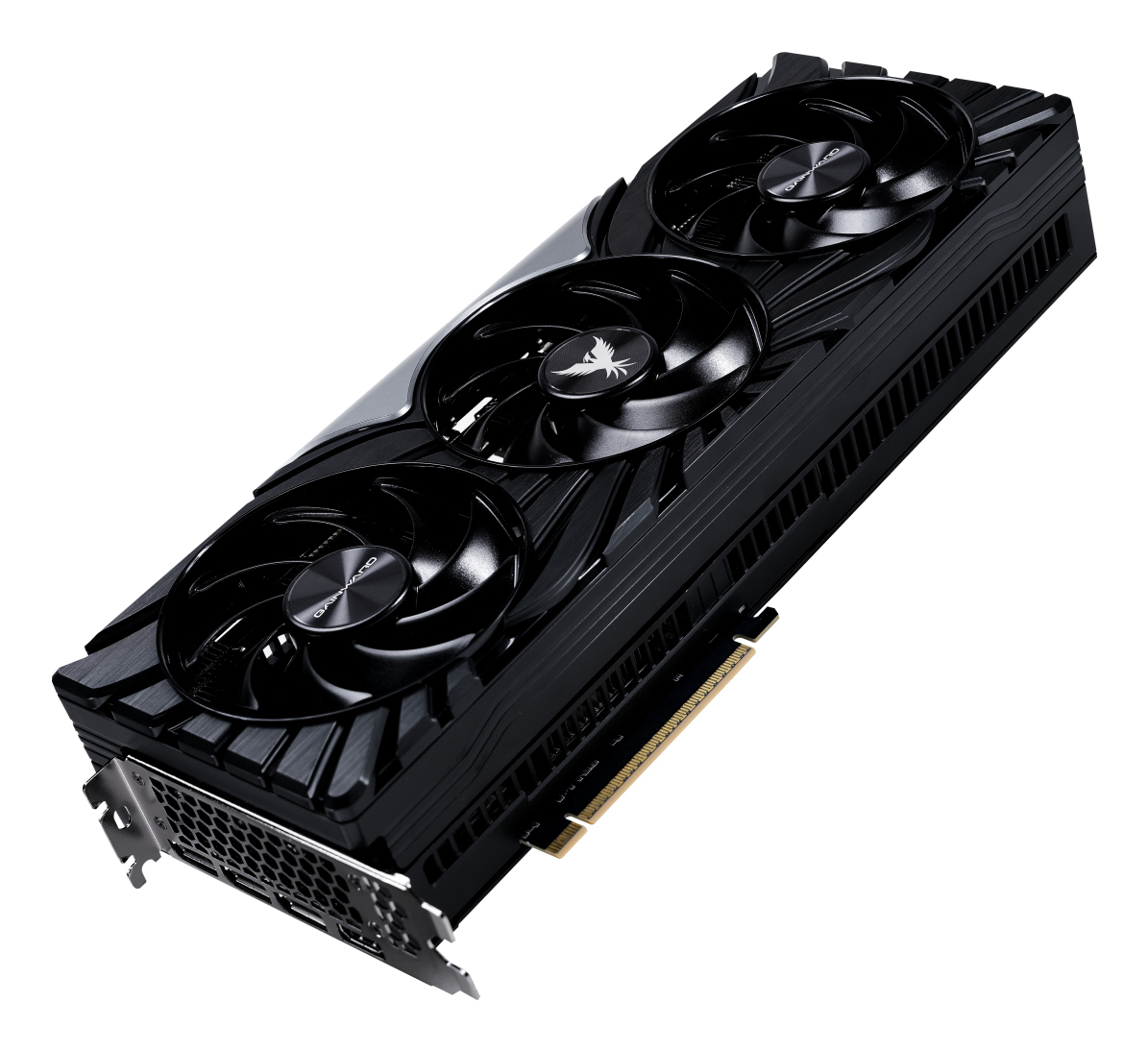 Eine schwarze Grafikkarte mit drei Lüftern und einem PCIe-Anschluss auf weißem Hintergrund.