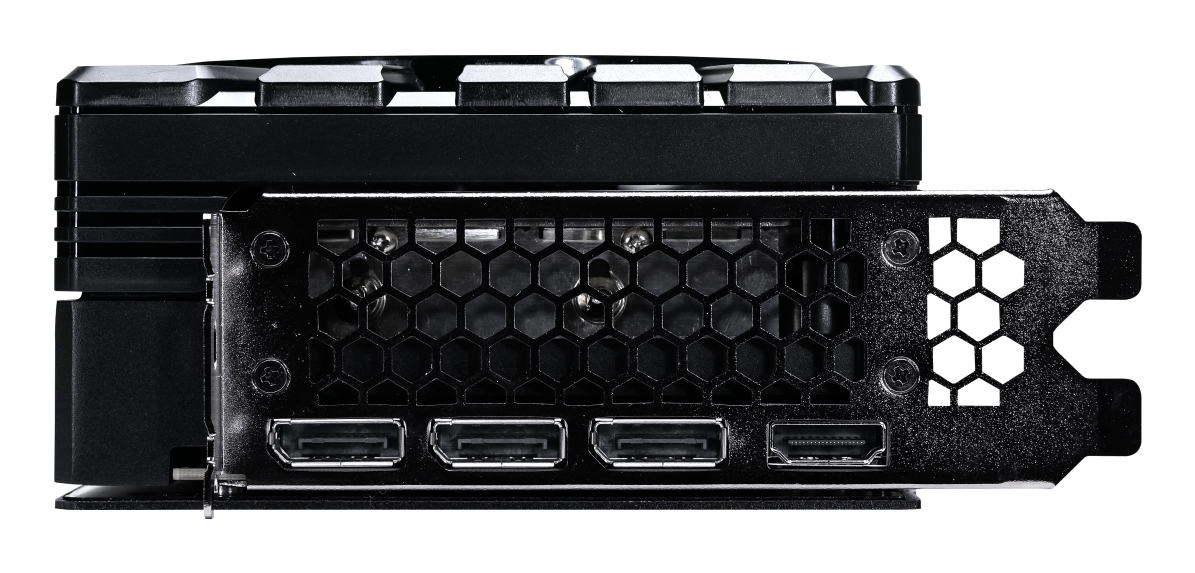 Rückseitiges I/O-Panel einer Grafikkarte mit drei DisplayPorts, einem HDMI-Anschluss und schwarzem Lüftungsgitter.
