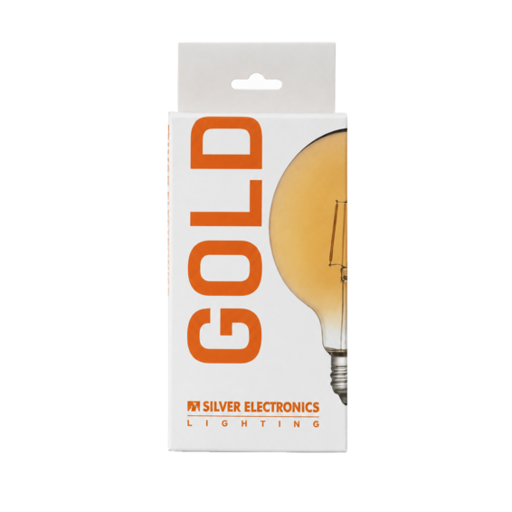 Caja de embalaje blanca para bombilla LED Silver Electronics Gold, con texto grande en naranja que dice 'GOLD'.