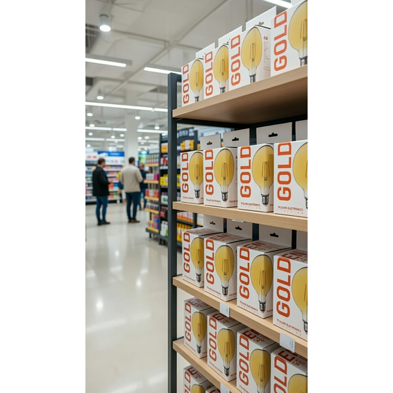 Estanterías llenas de cajas de bombillas Gold en una tienda iluminada, con personas borrosas al fondo.