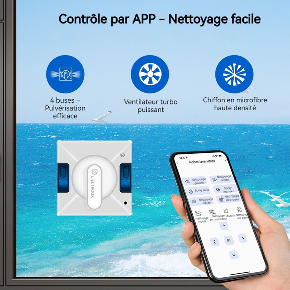 Ein Smartphone steuert einen weißen Fensterreinigungsroboter vor einer blauen Meereslandschaft.
