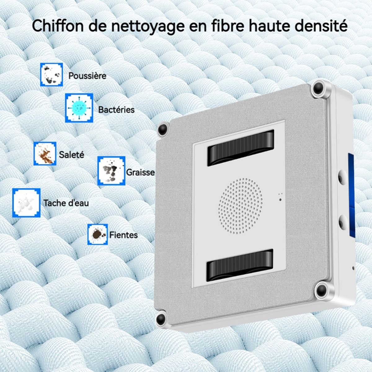 Ein weißer Fensterreinigungsroboter auf blauem Mikrofaserstoff mit Symbolen für Schmutz- und Bakterienentfernung.