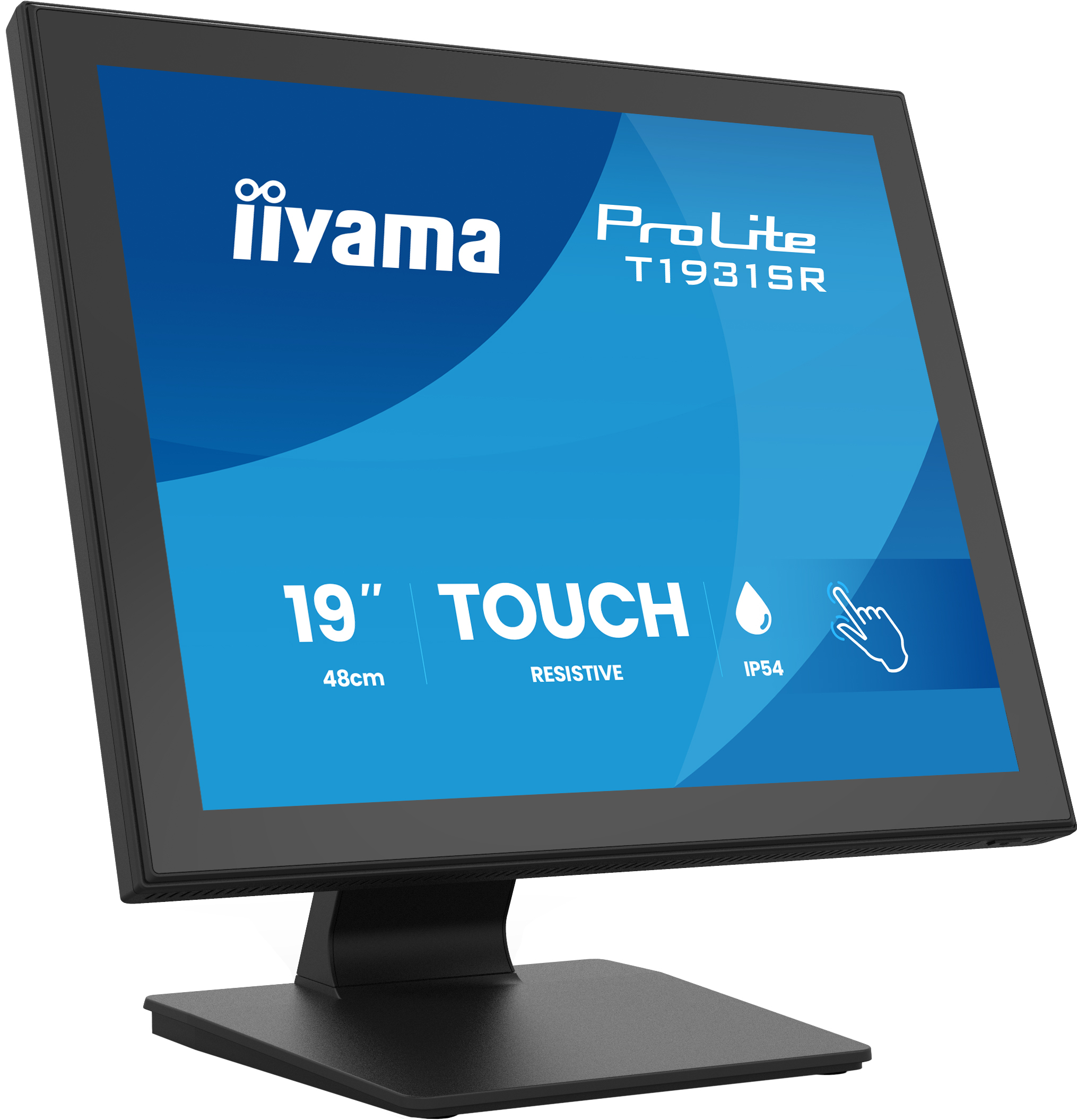 Schwarzer 19-Zoll Iiyama ProLite T1931SR Touchscreen-Monitor mit blauem Display auf Ständer.