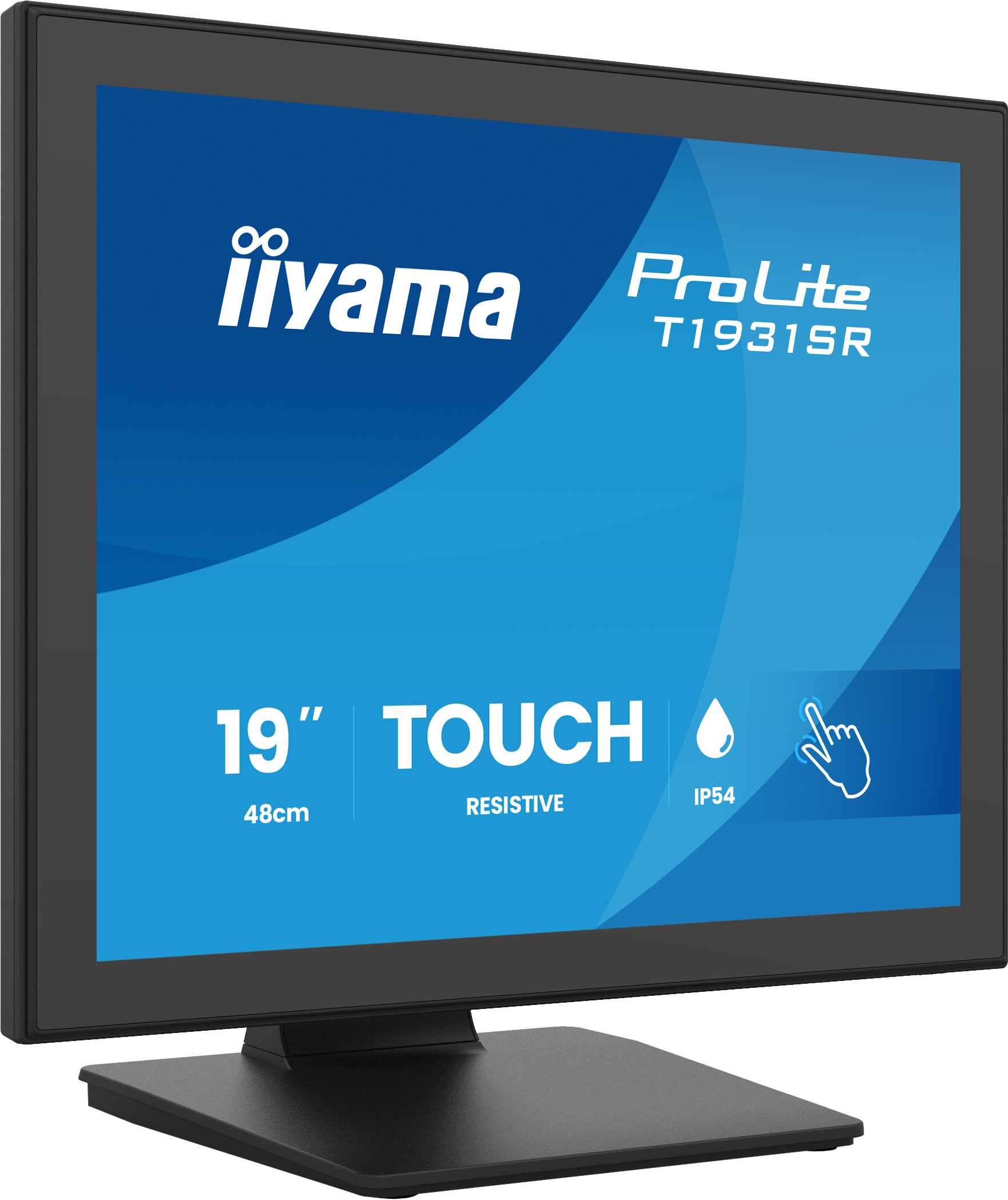 Schwarzer 19-Zoll-Touchscreen-Monitor von iiyama auf einem Ständer vor blauem Hintergrund.