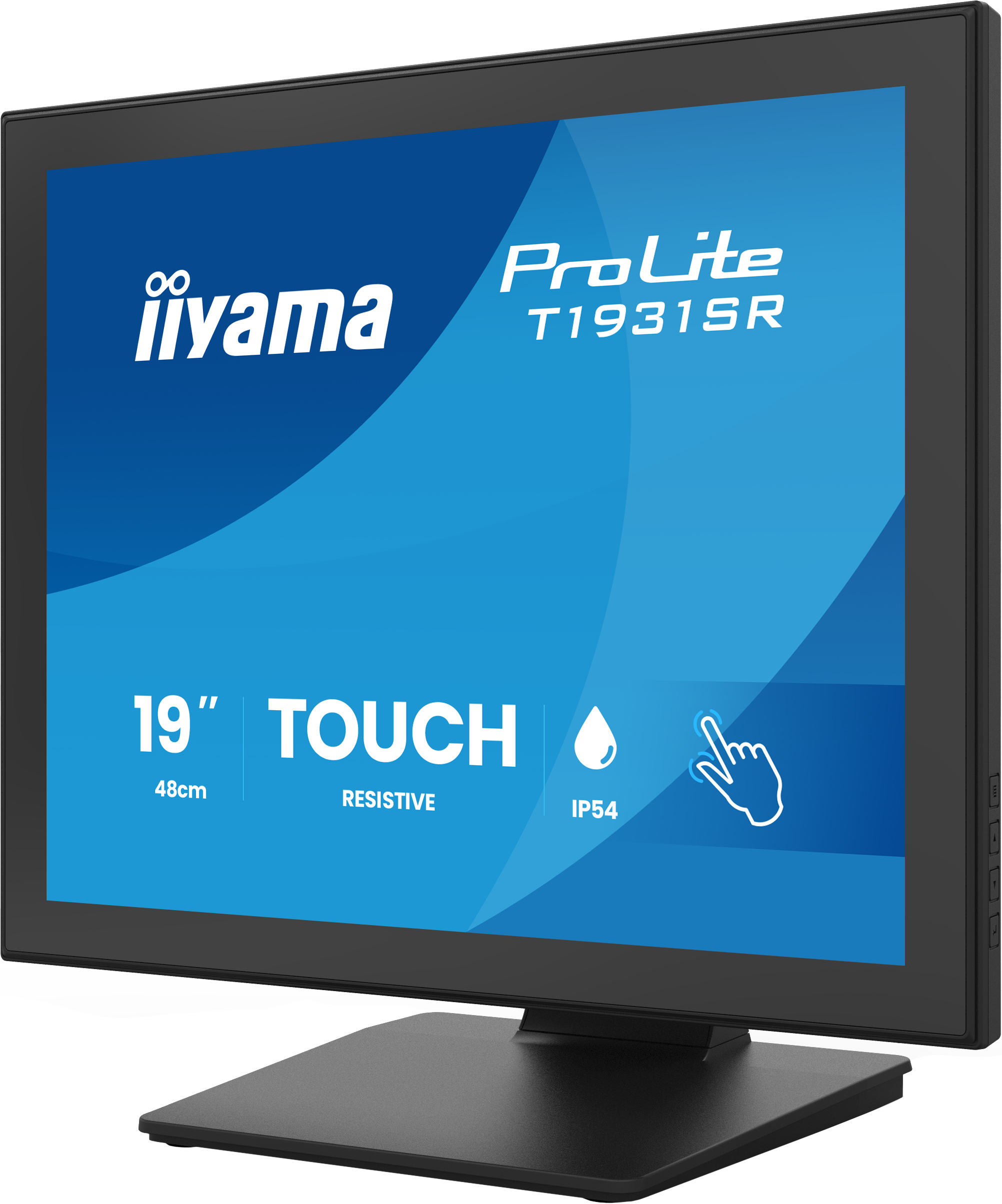 Ein schwarzer iiyama ProLite 19-Zoll-Touchmonitor mit blauem Werbebildschirm.