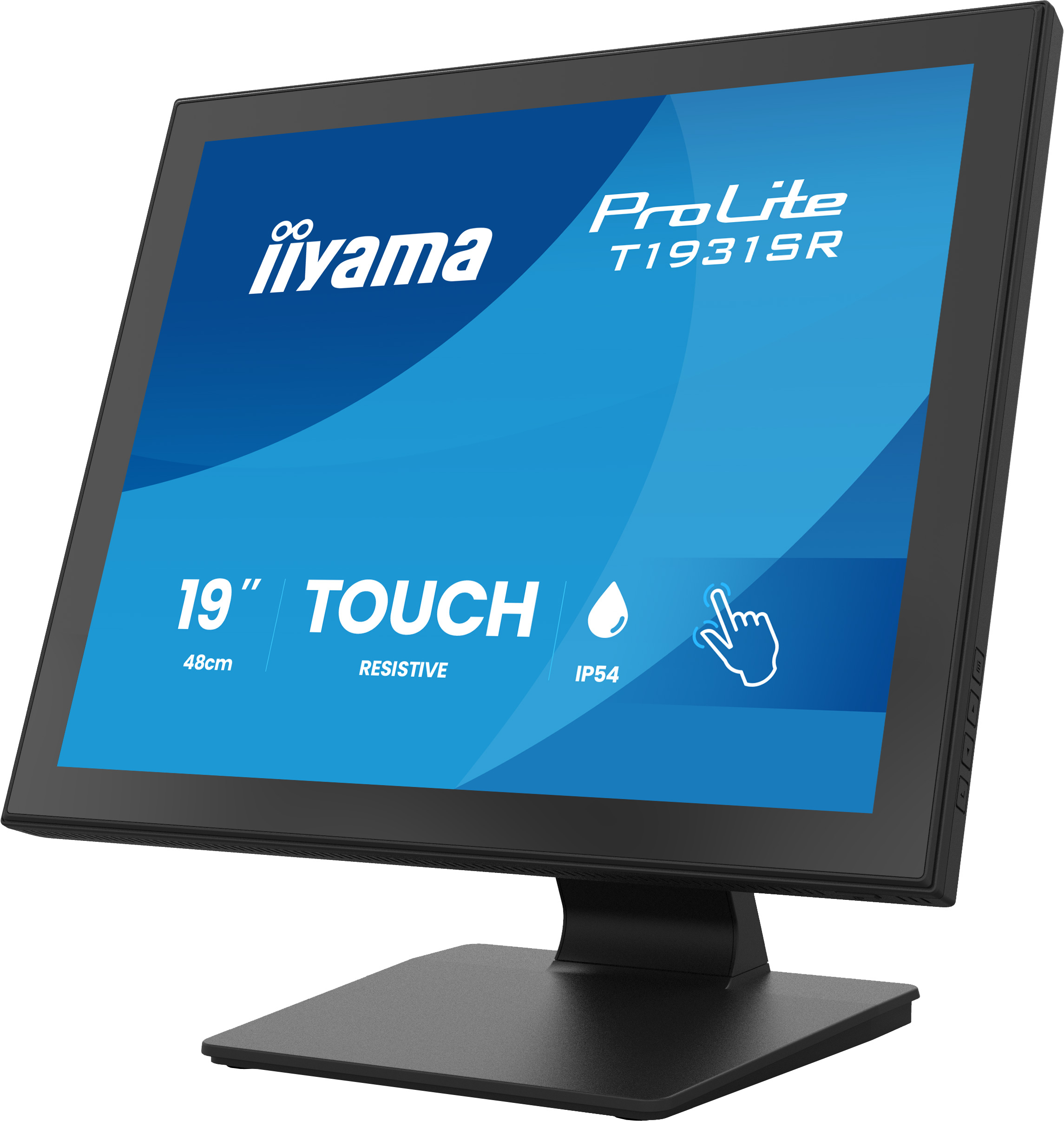 Ein schwarzer Iiyama ProLite T1931SR 19-Zoll-Touchscreen-Monitor mit blauem Display auf einem Standfuß.