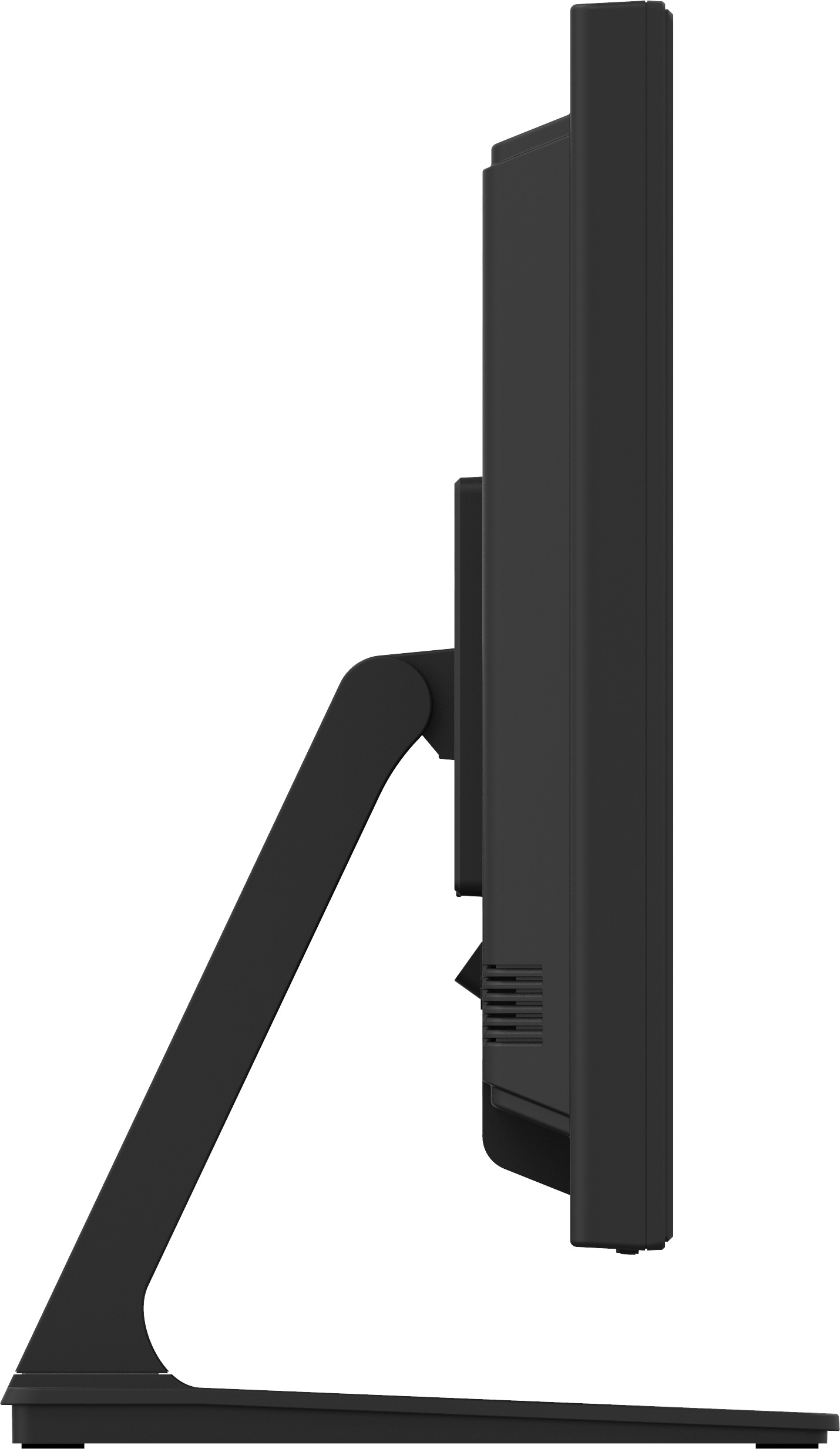 Eine Seitenansicht eines modernen schwarzen Computermonitors auf einem verstellbaren Ständer vor hellem Hintergrund.