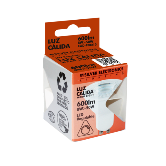 Empaque naranja de una bombilla LED con detalles de lúmenes y luz cálida sobre fondo negro.