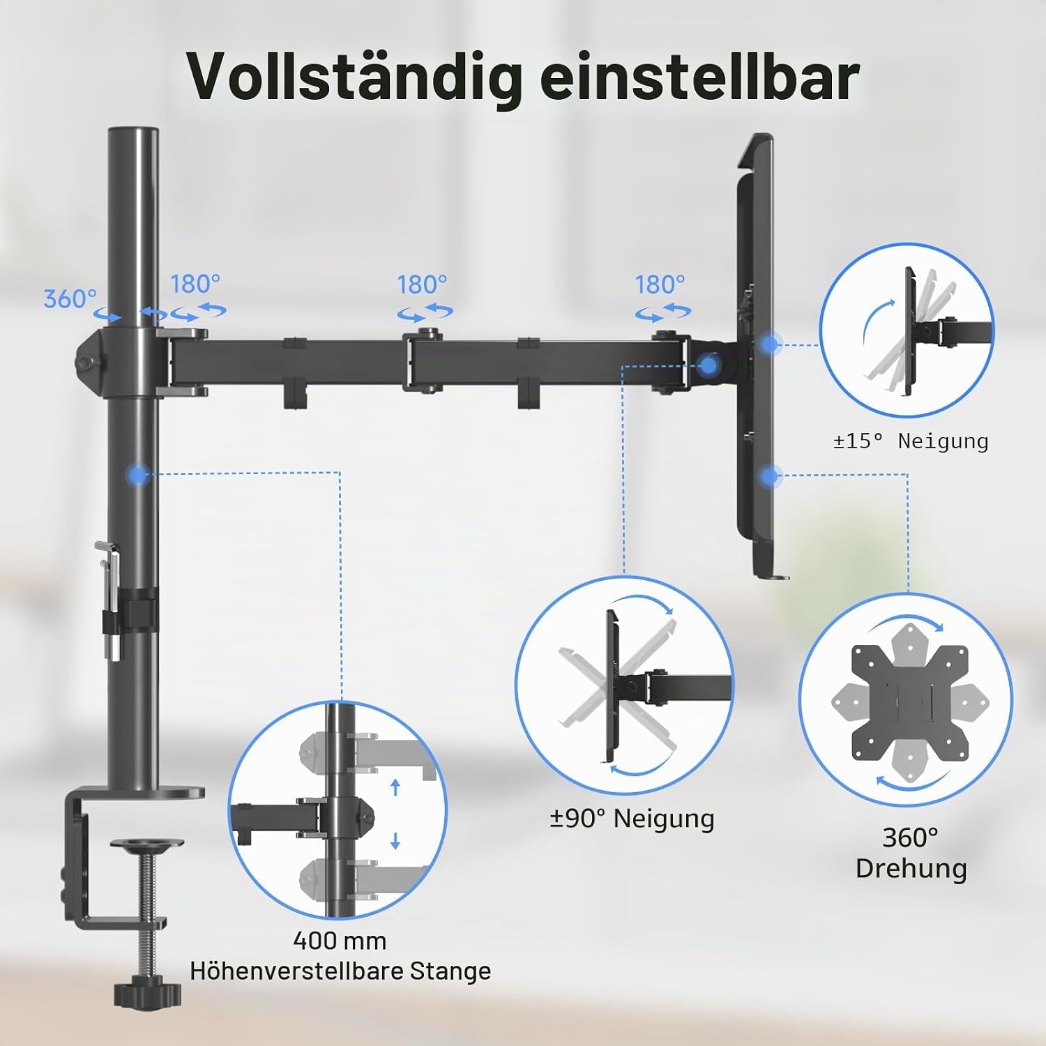 Ein verstellbarer schwarzer Monitorarm mit Dreh-, Neig- und Höhenoptionen, beschriftet mit Bewegungswinkeln.