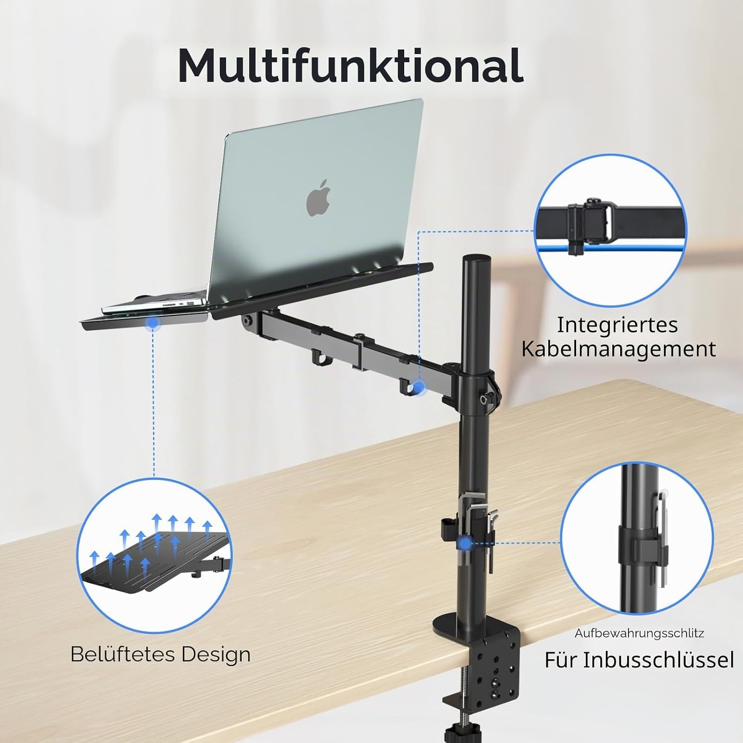 Laptop-Halterung am Schreibtisch mit integriertem Kabelmanagement und Lüftung.