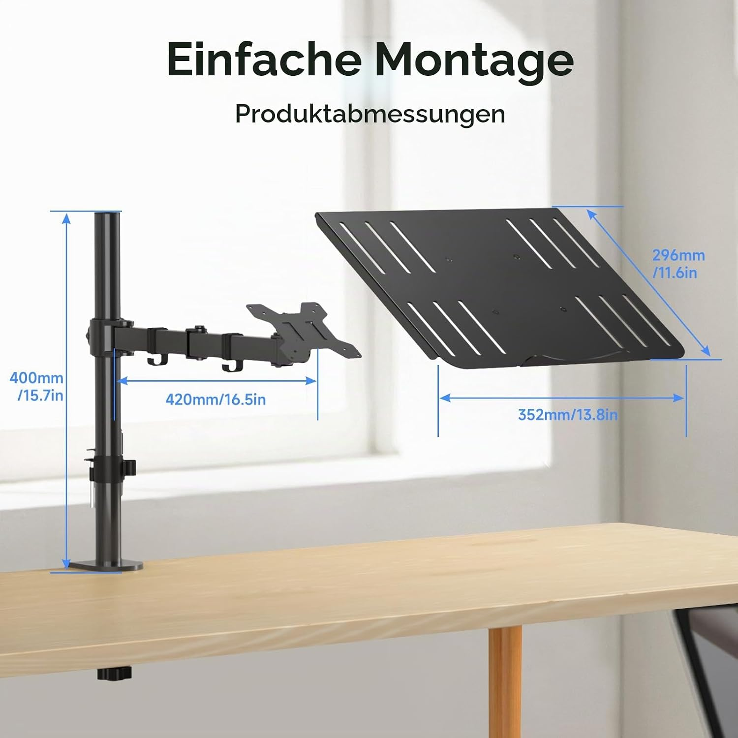 Diagramm zeigt die Produktabmessungen eines schwarzen Laptop-Tischständers auf einem Holztisch.