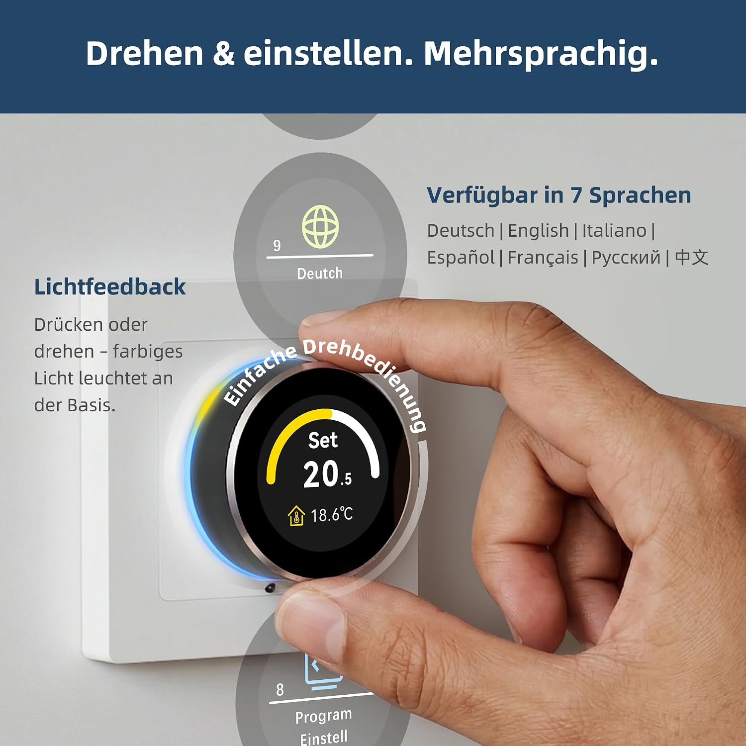 Hand bedient runden Thermostat mit digitaler Anzeige und Leuchtring vor grauem Hintergrund mit Text.