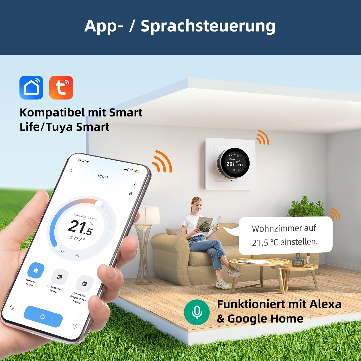 Ein Smartphone zeigt eine Smart-Home-App zur Thermostatsteuerung in einem Wohnzimmer, während eine Frau liest.