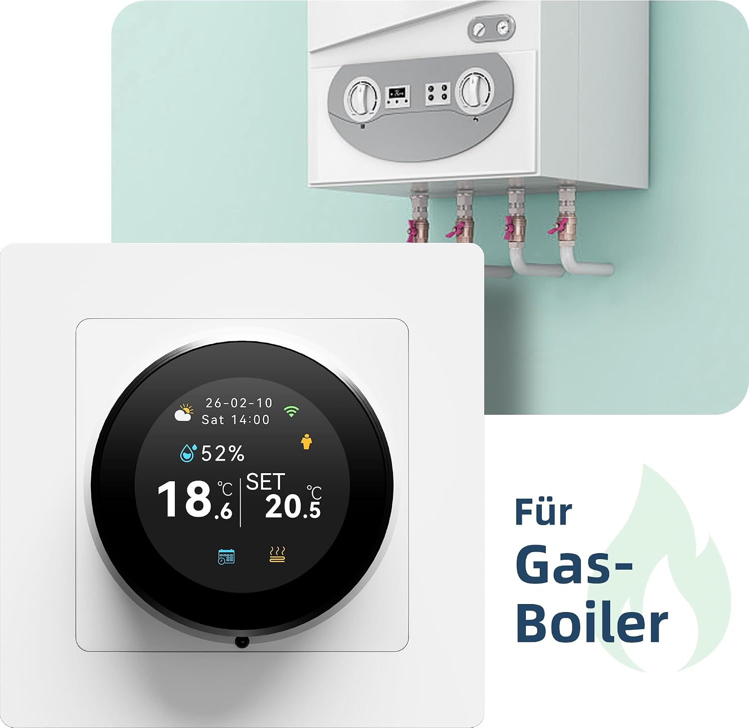 Ein intelligentes Thermostat zeigt 18,6 Grad Celsius, im Hintergrund ein Gaskessel.