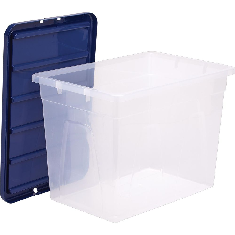 Transparente Kunststoff-Aufbewahrungsbox mit abgenommenem, dunkelblauem Deckel auf weißem Hintergrund.