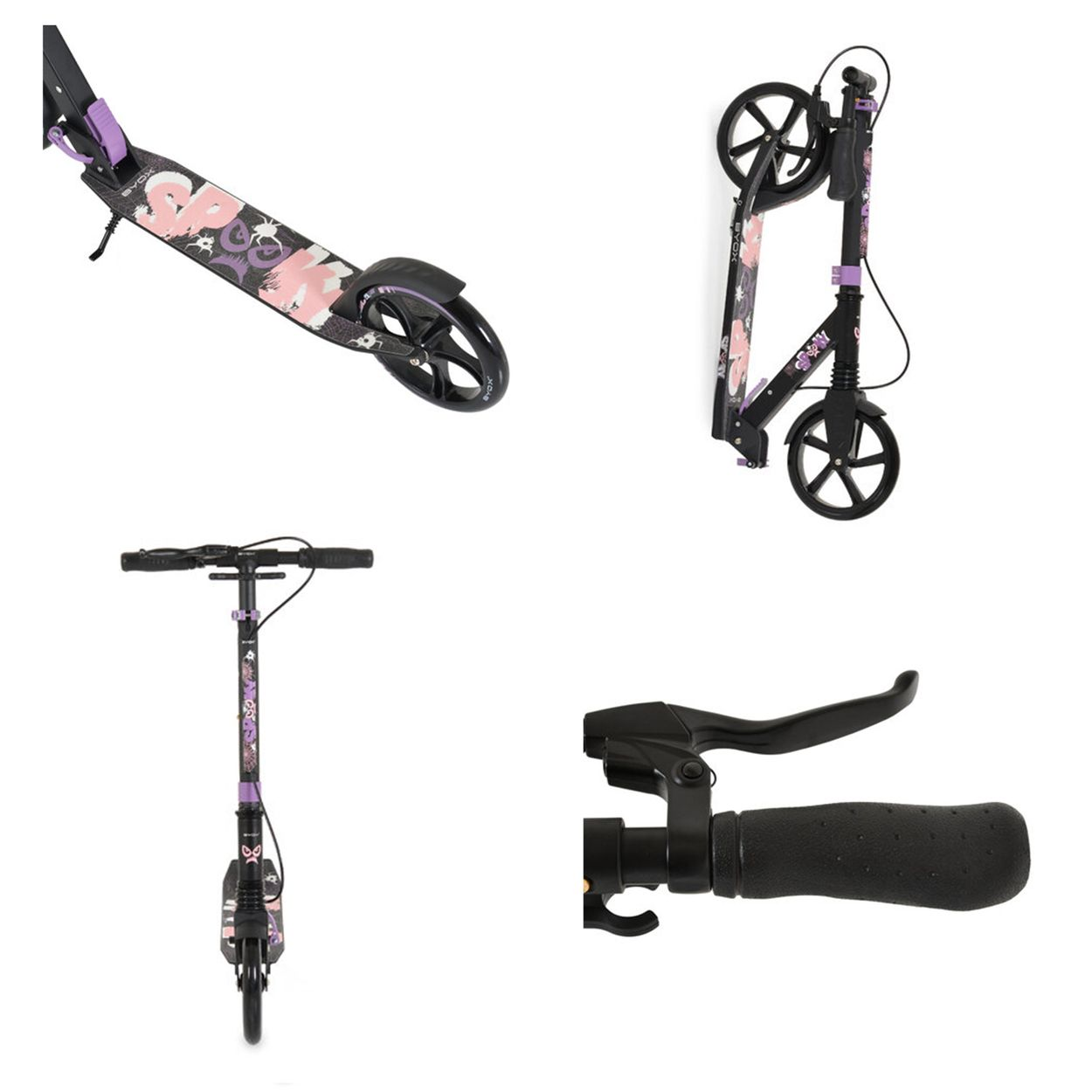 Ein schwarzer Tretroller mit pink-schwarzen Grafiken, Lenker und Bremshebel auf weißem Grund.