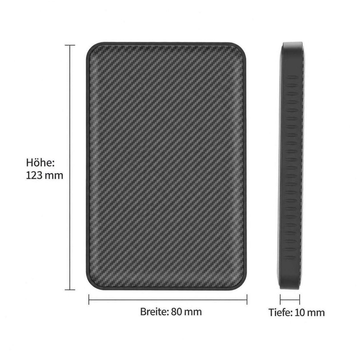Technische Zeichnung eines schwarzen Carbon-Geräts mit Maßen: Höhe 123 mm, Breite 80 mm, Tiefe 10 mm.