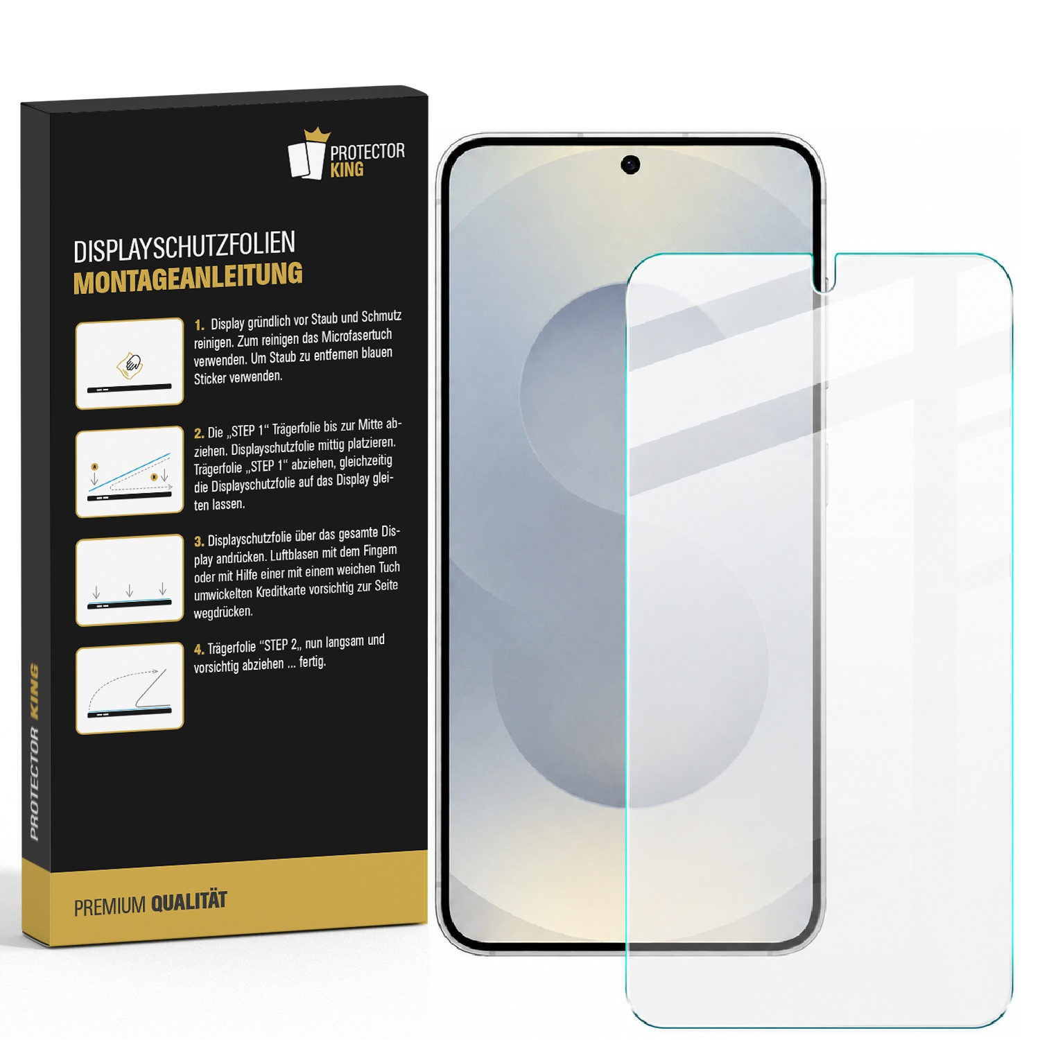 Display-Schutzfolie und Montageanleitung mit vier Schritten auf Verpackung neben Smartphone.