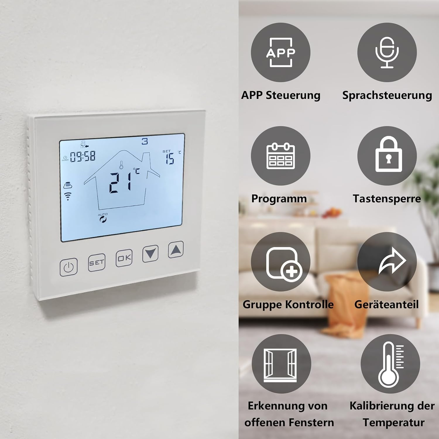 Weißer Smart-Thermostat an einer Wand zeigt Funktionen wie App-Steuerung, Sprachbefehl und Zeitplan-Symbole.