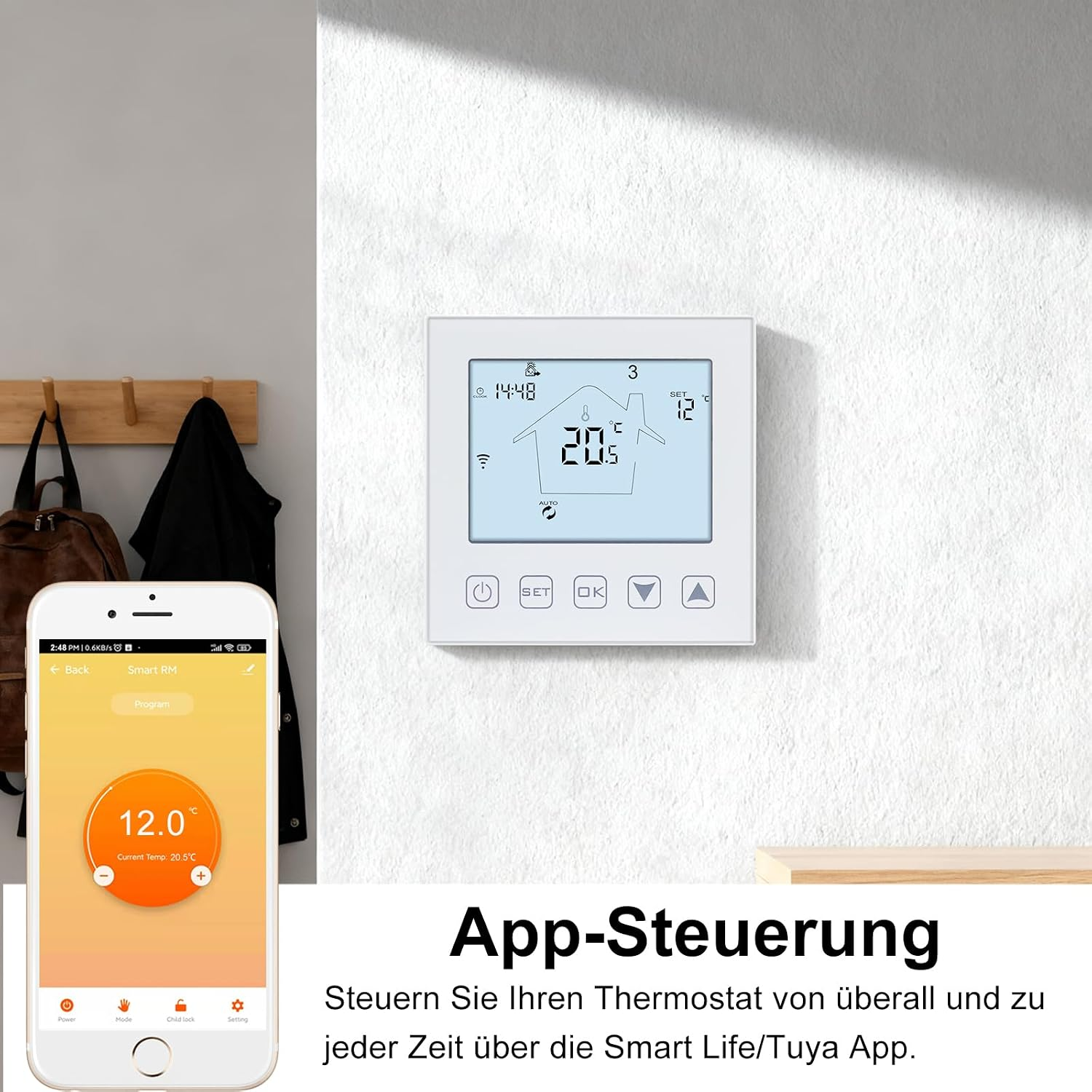 Wannenthermostat an weißer Wand, gesteuert per Smartphone.