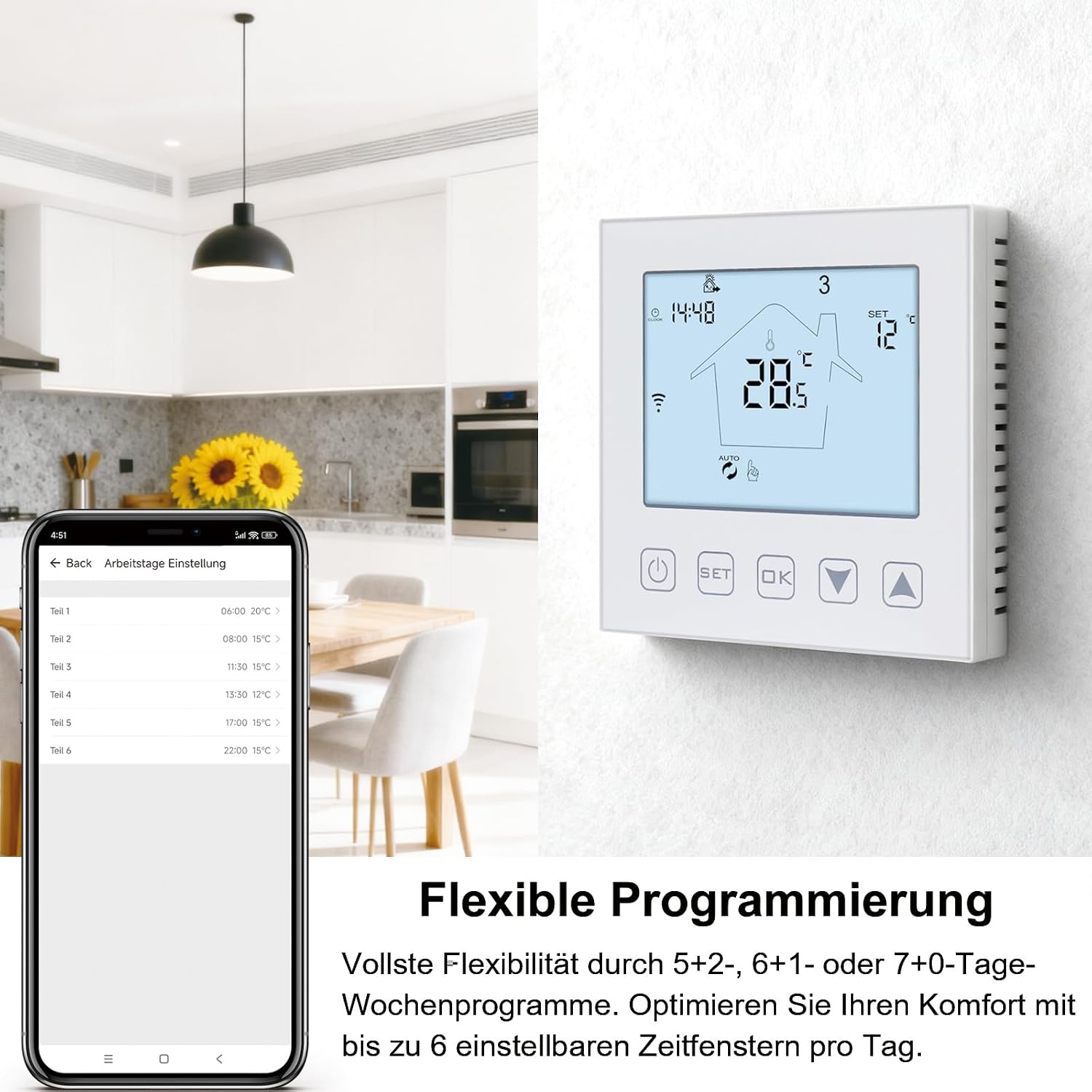 Ein weißer Thermostat an der Wand und ein Smartphone mit App zeigen Temperaturregelung in einer Küche.