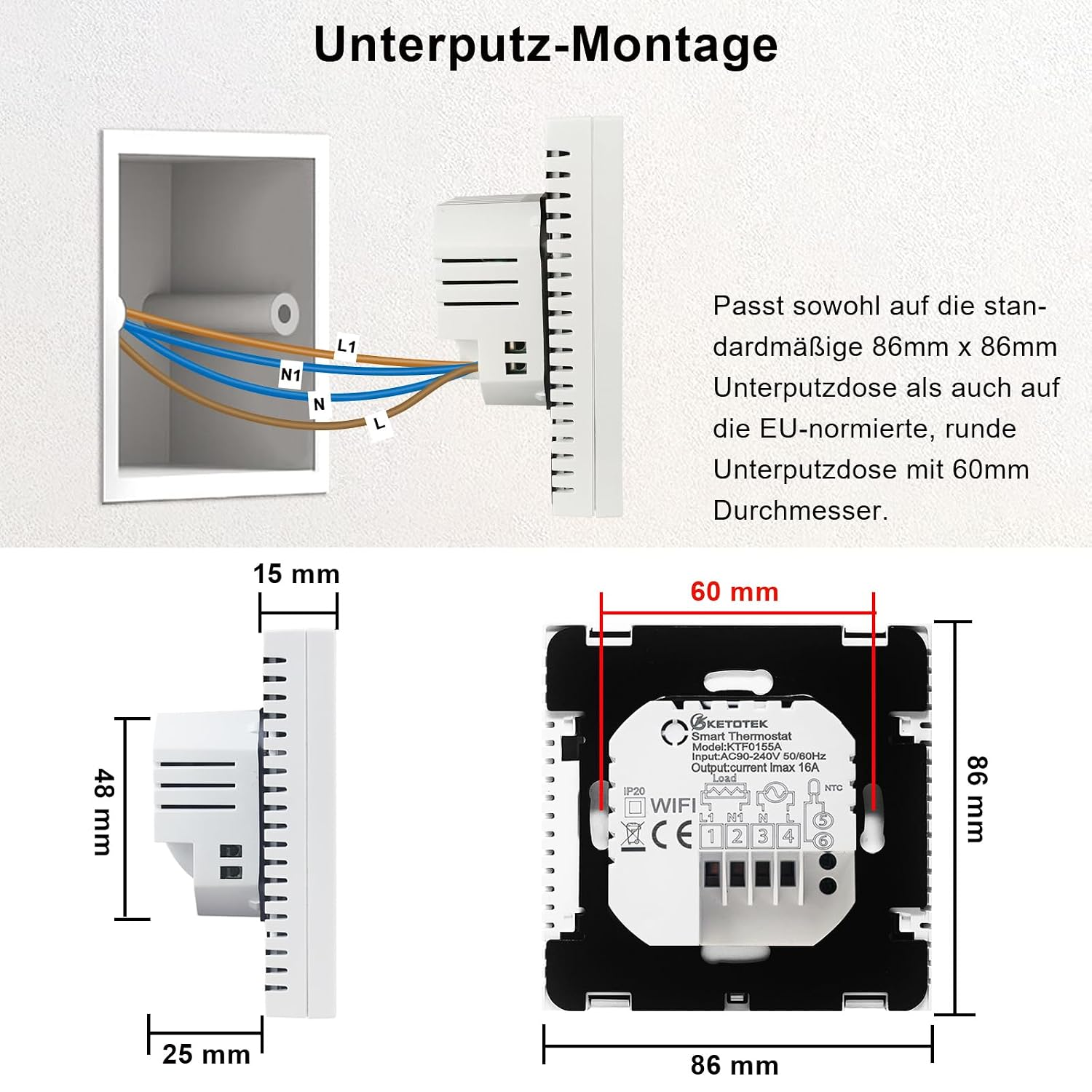 Diagramm zeigt Unterputz-Montage und technische Abmessungen eines Smart-Thermostats.