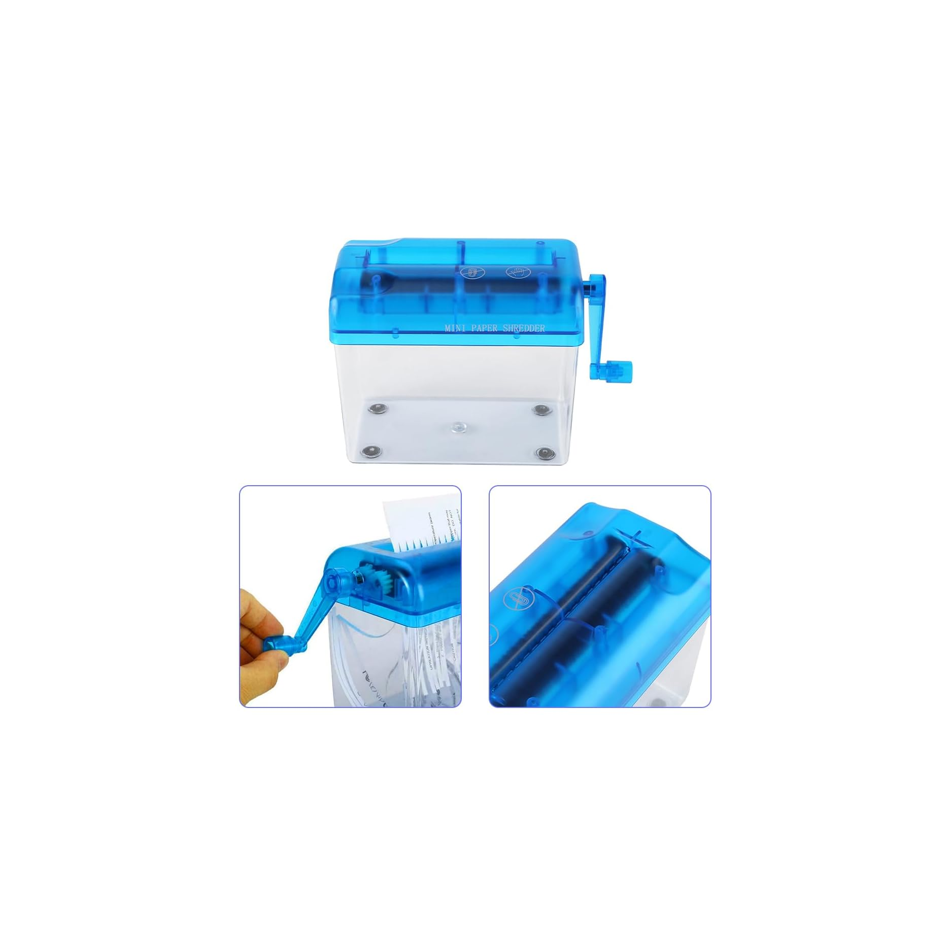 Ein blauer Handaktenvernichter mit transparenter Auffangschale und Kurbel.