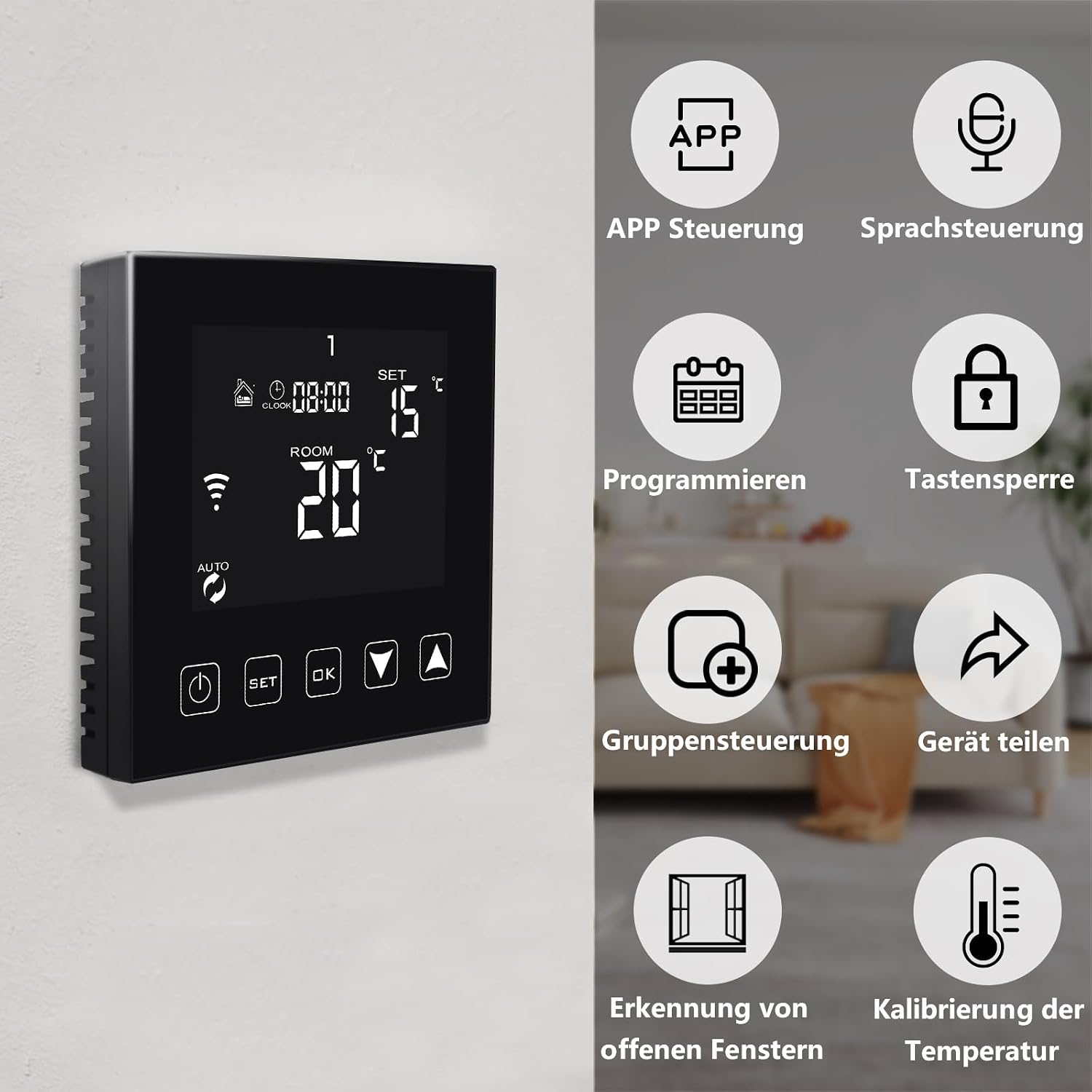 Ein schwarzer Thermostat an der Wand mit digitalem Display und acht Funktionssymbolen rechts.