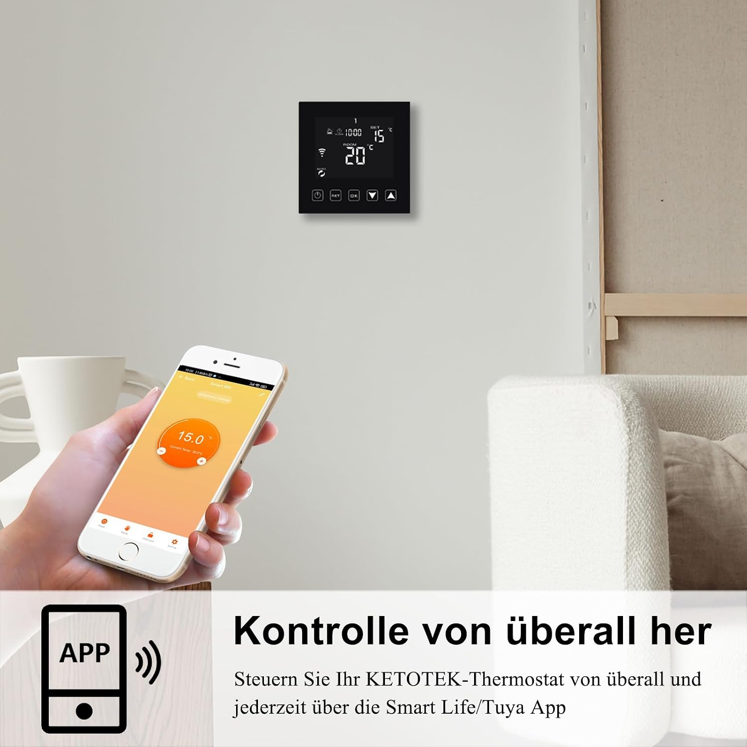 Ein Smartphone zeigt eine Thermostat-App, im Hintergrund ein Wandthermostat.