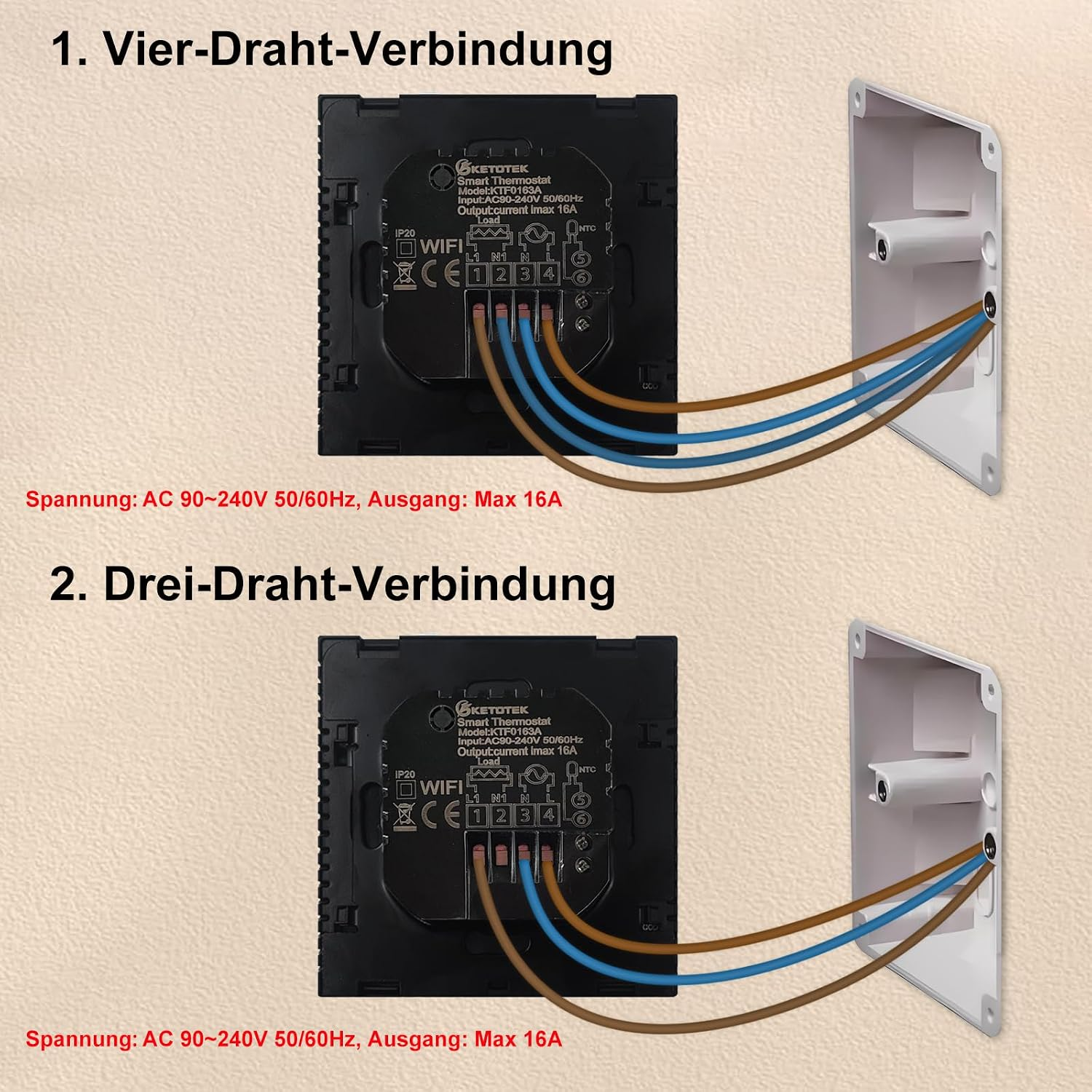 Diagramm zeigt Vier-Draht- und Drei-Draht-Verbindungen für ein smartes Thermostat.